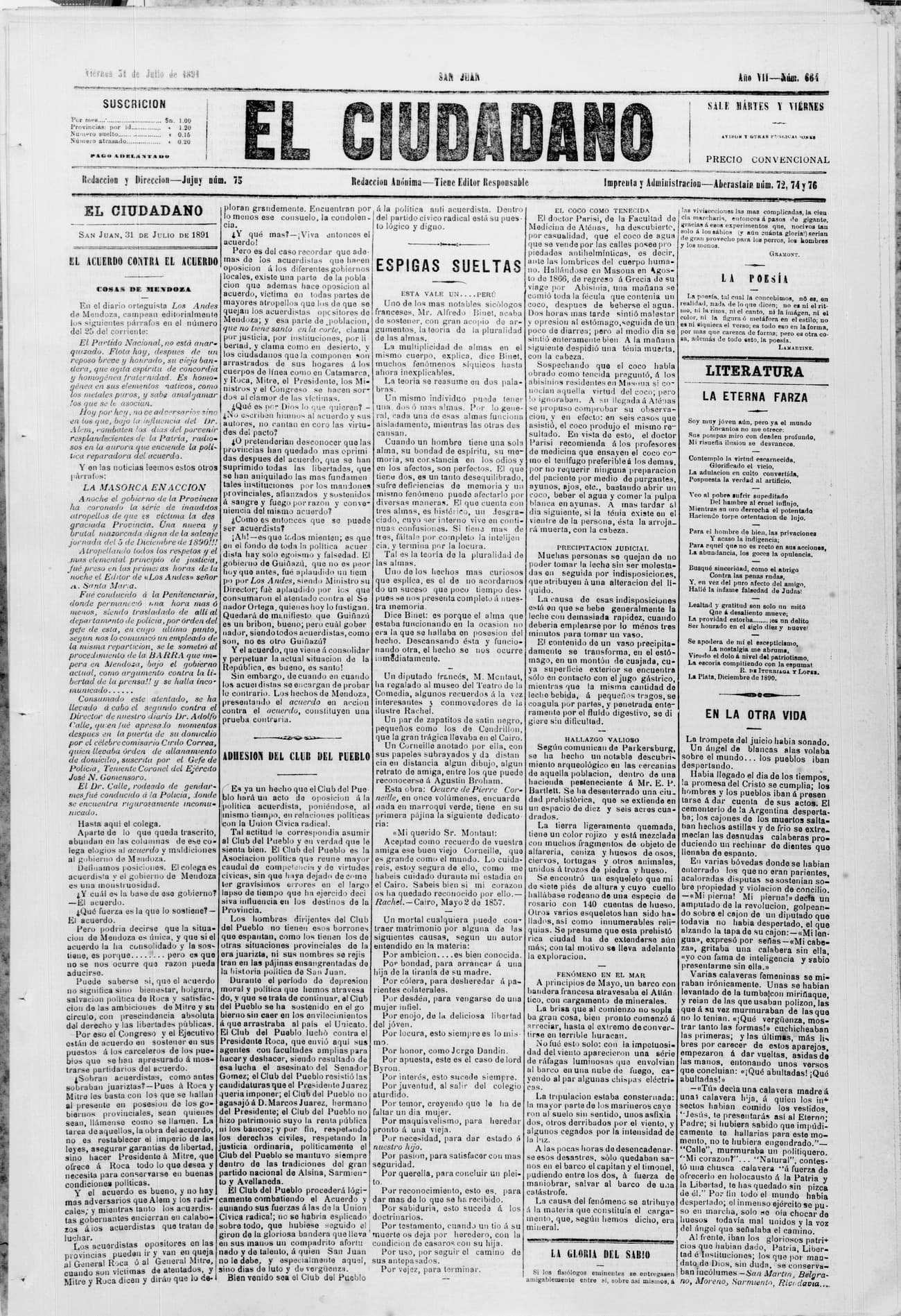 Portada · 31 de Julio de 1891