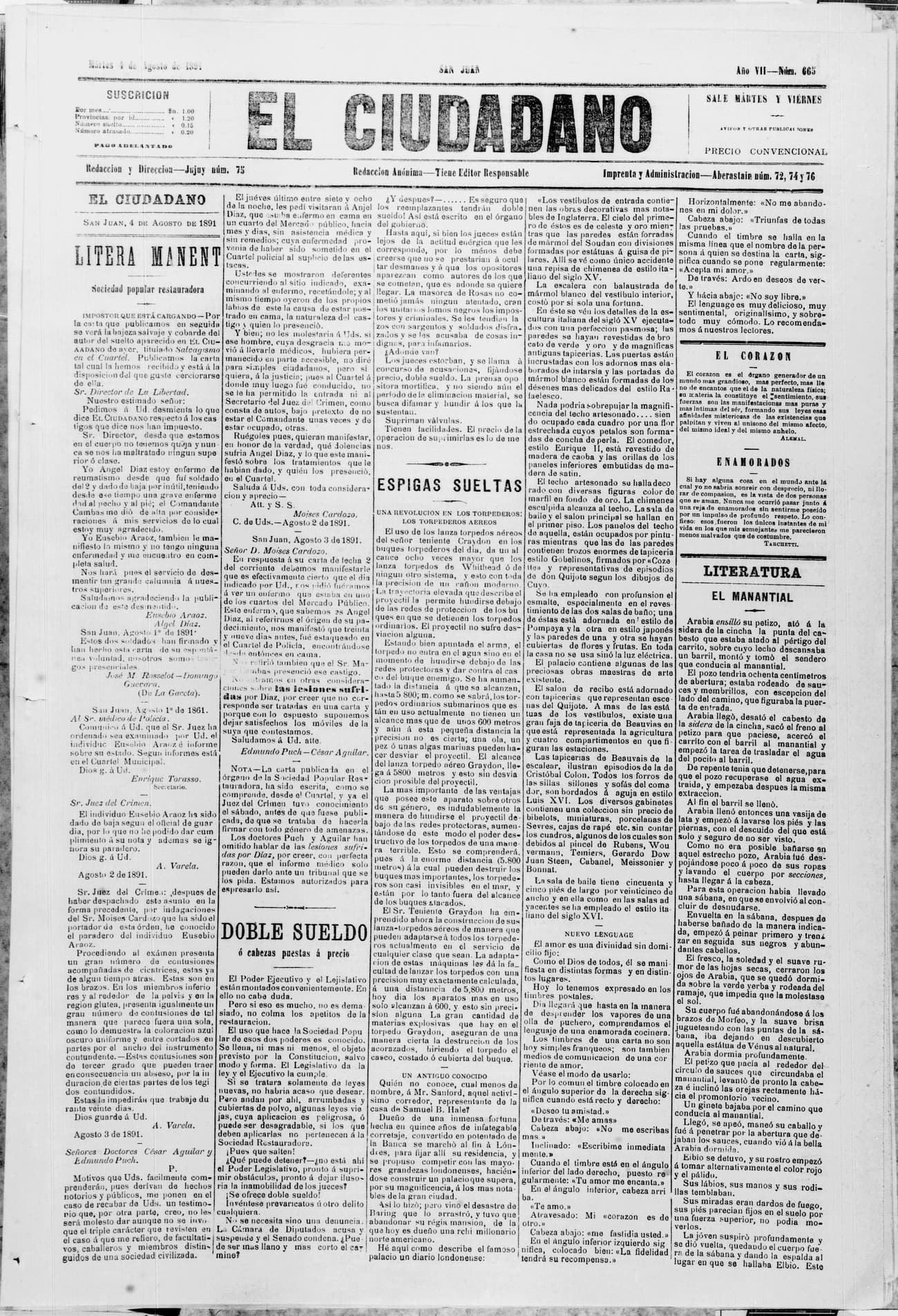 Portada · 4 de Agosto de 1891