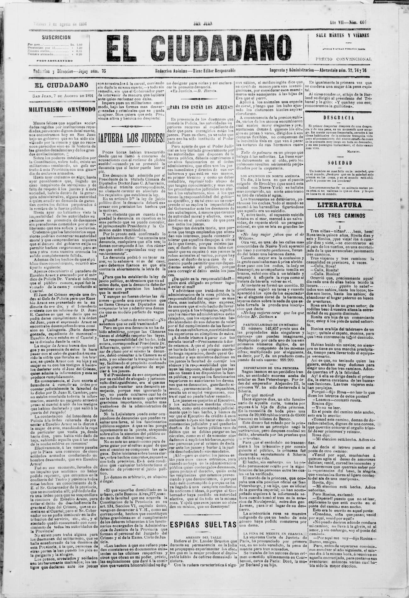 Portada · 7 de Agosto de 1891