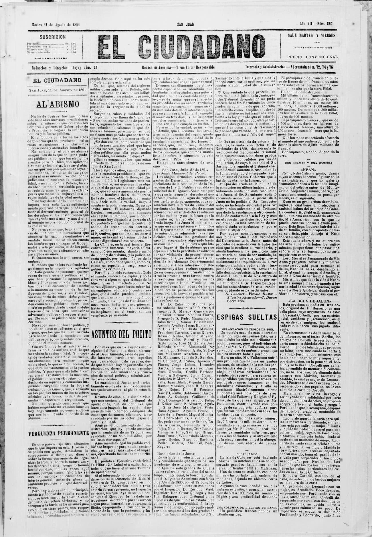 Portada · 11 de Agosto de 1891