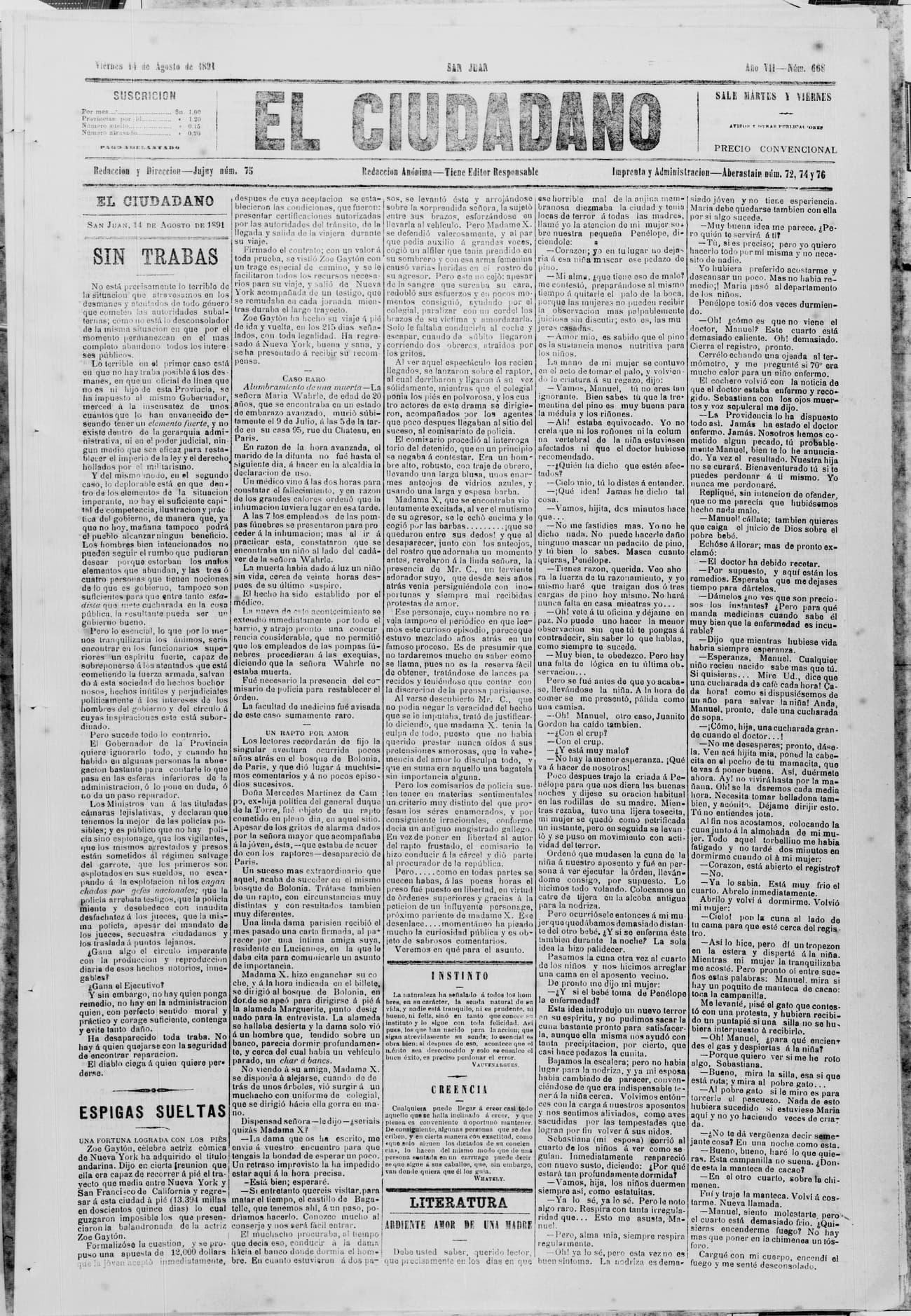 Portada · 14 de Agosto de 1891