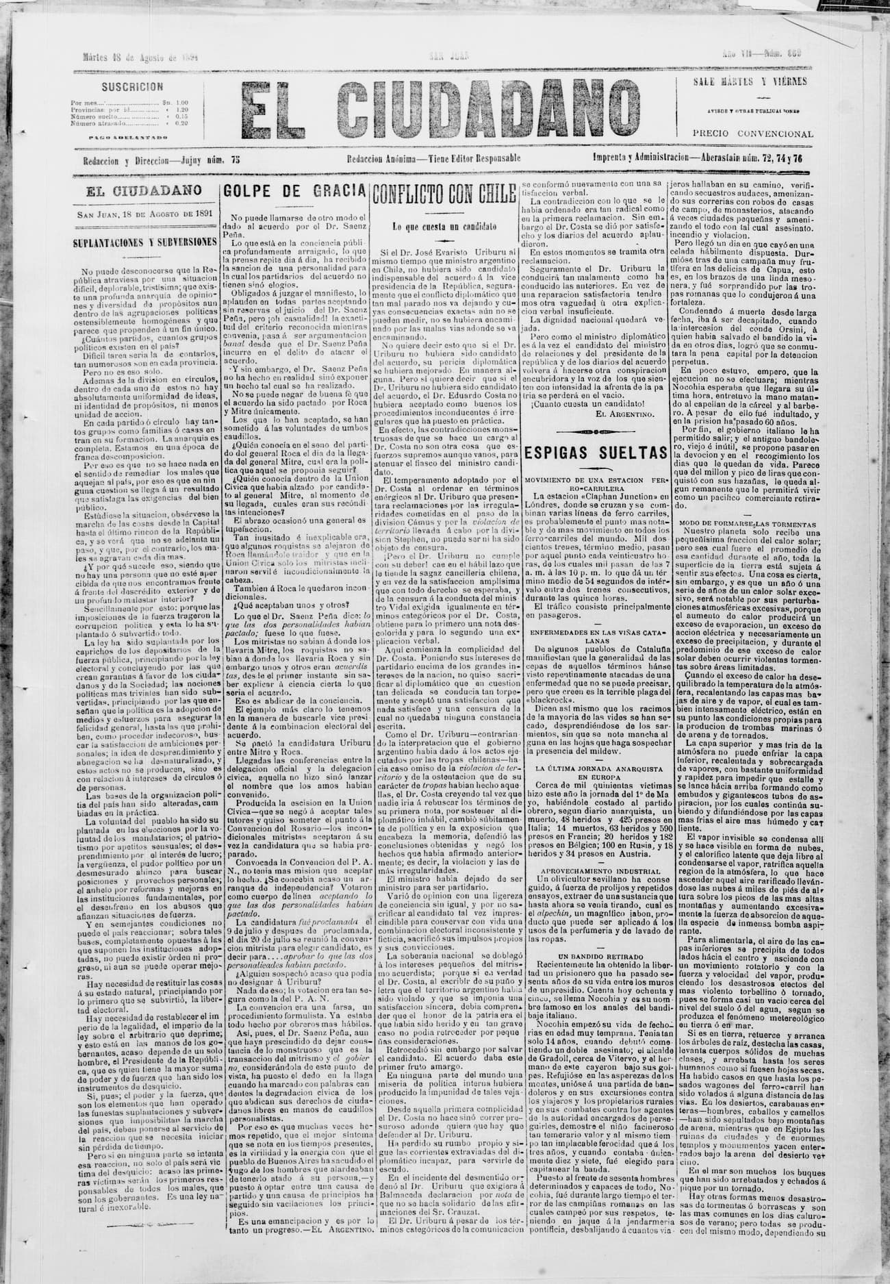 Portada · 18 de Agosto de 1891