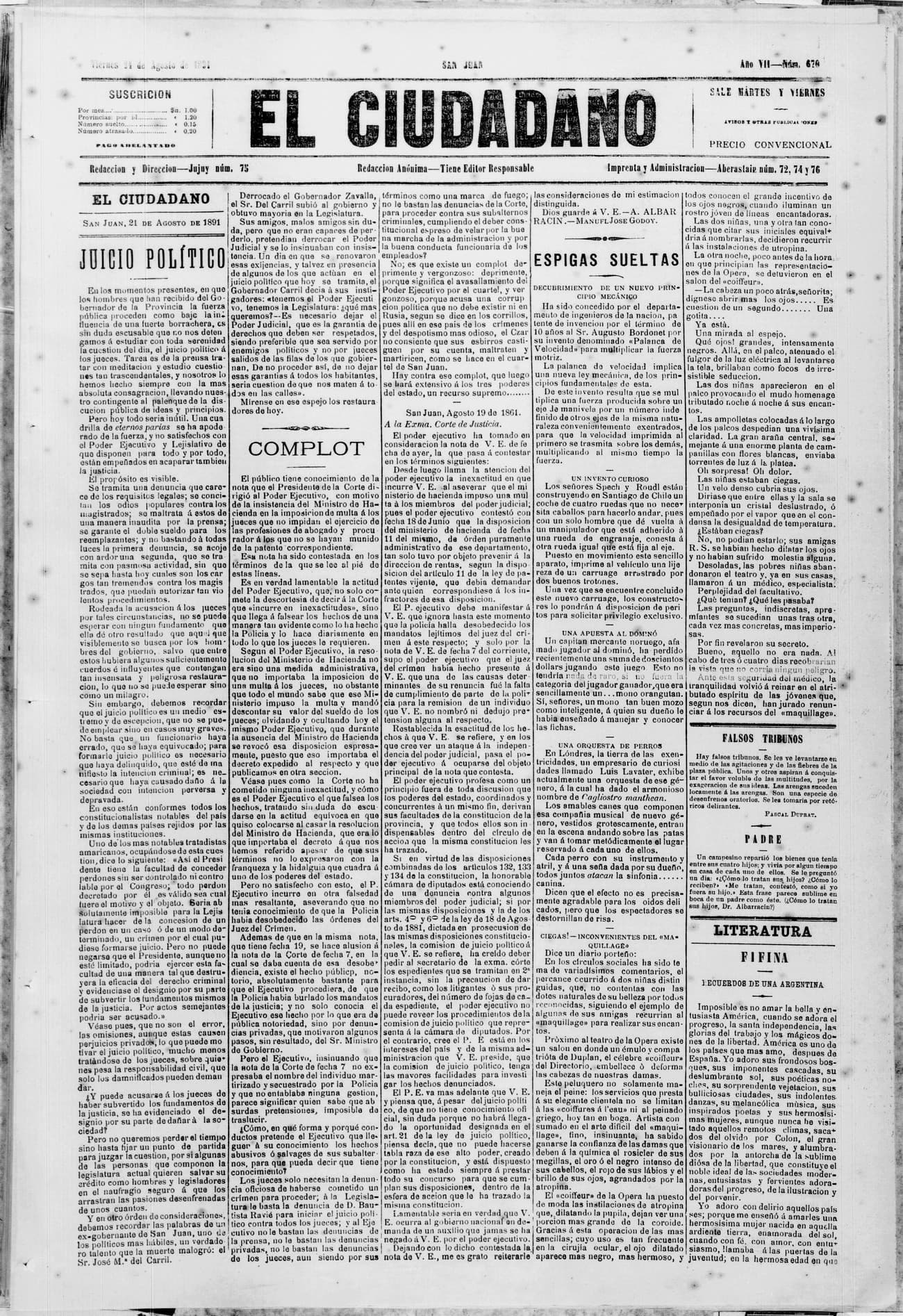 Portada · 21 de Agosto de 1891