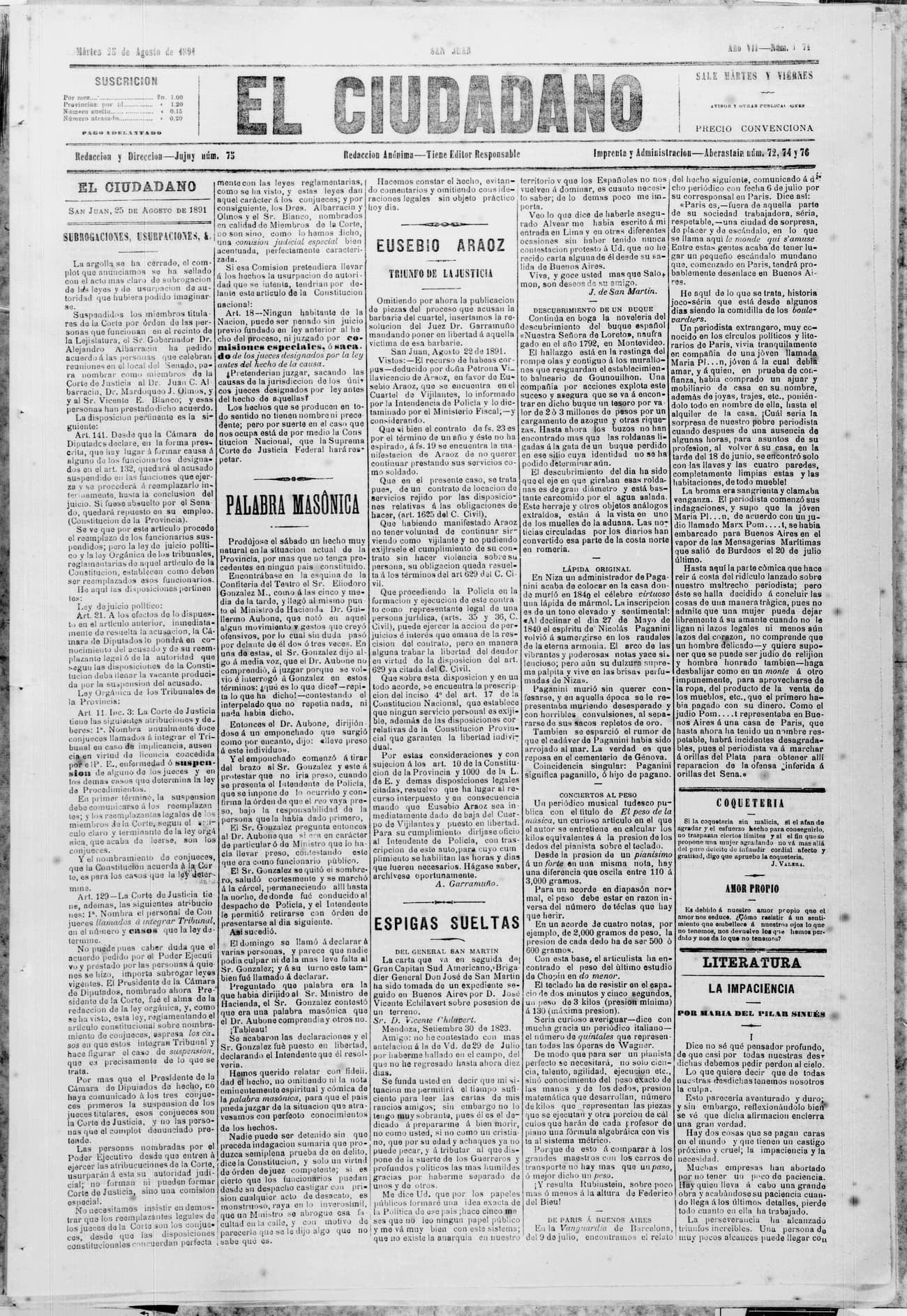 Portada · 25 de Agosto de 1891