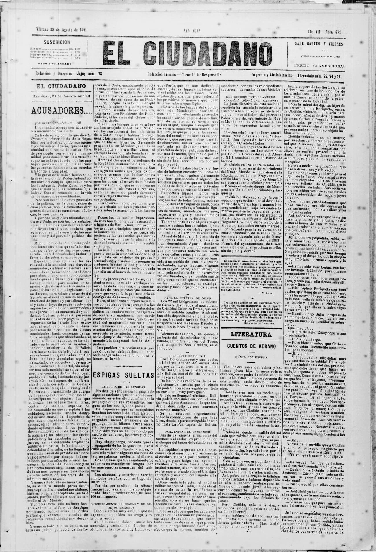 Portada · 28 de Agosto de 1891
