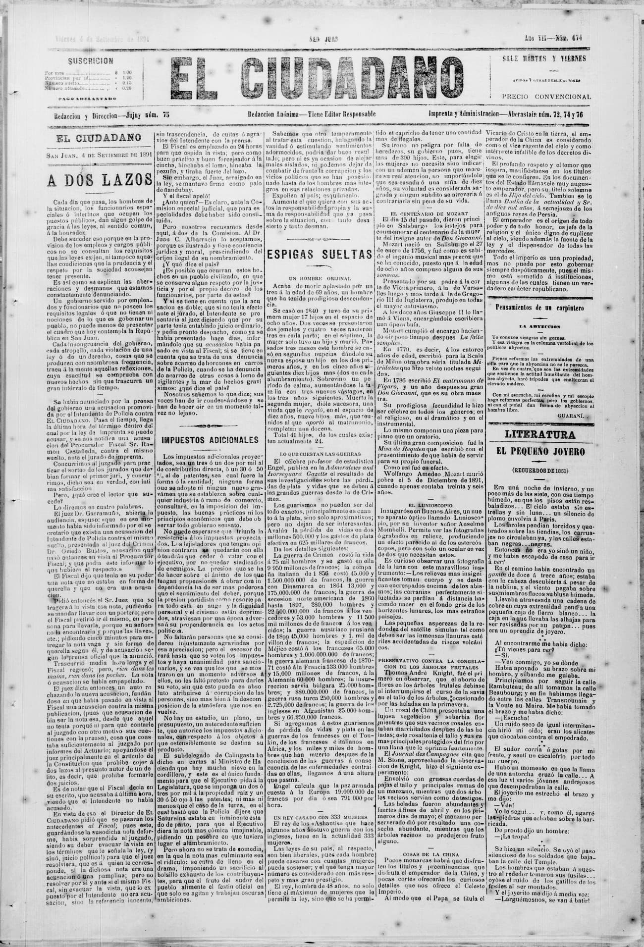 Portada · 4 de Septiembre de 1891