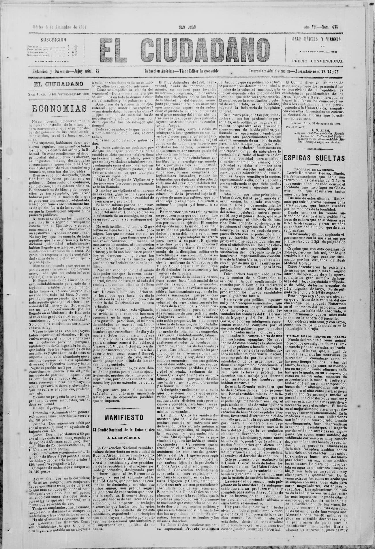 Portada · 8 de Septiembre de 1891