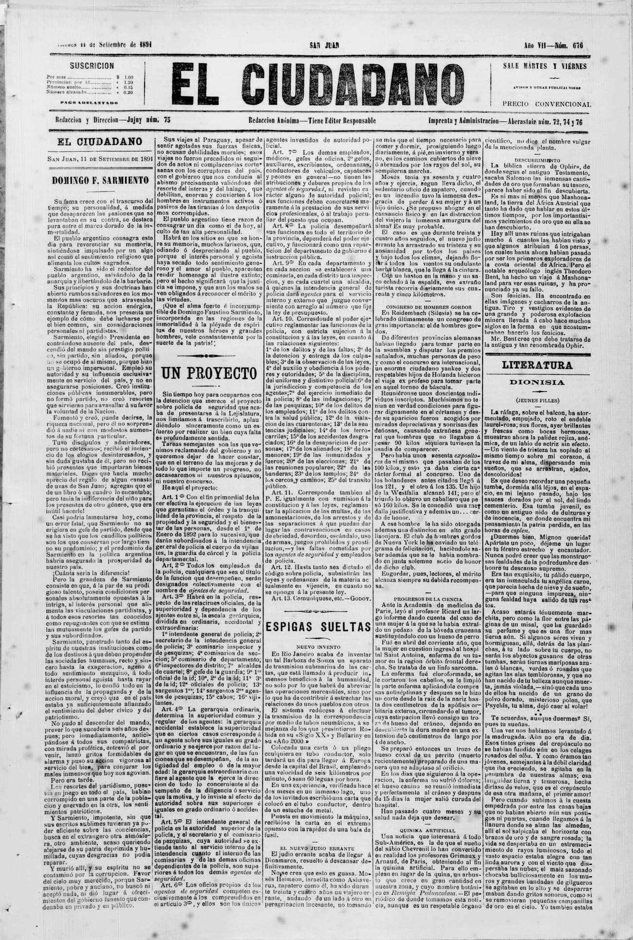 Portada · 11 de Septiembre de 1891