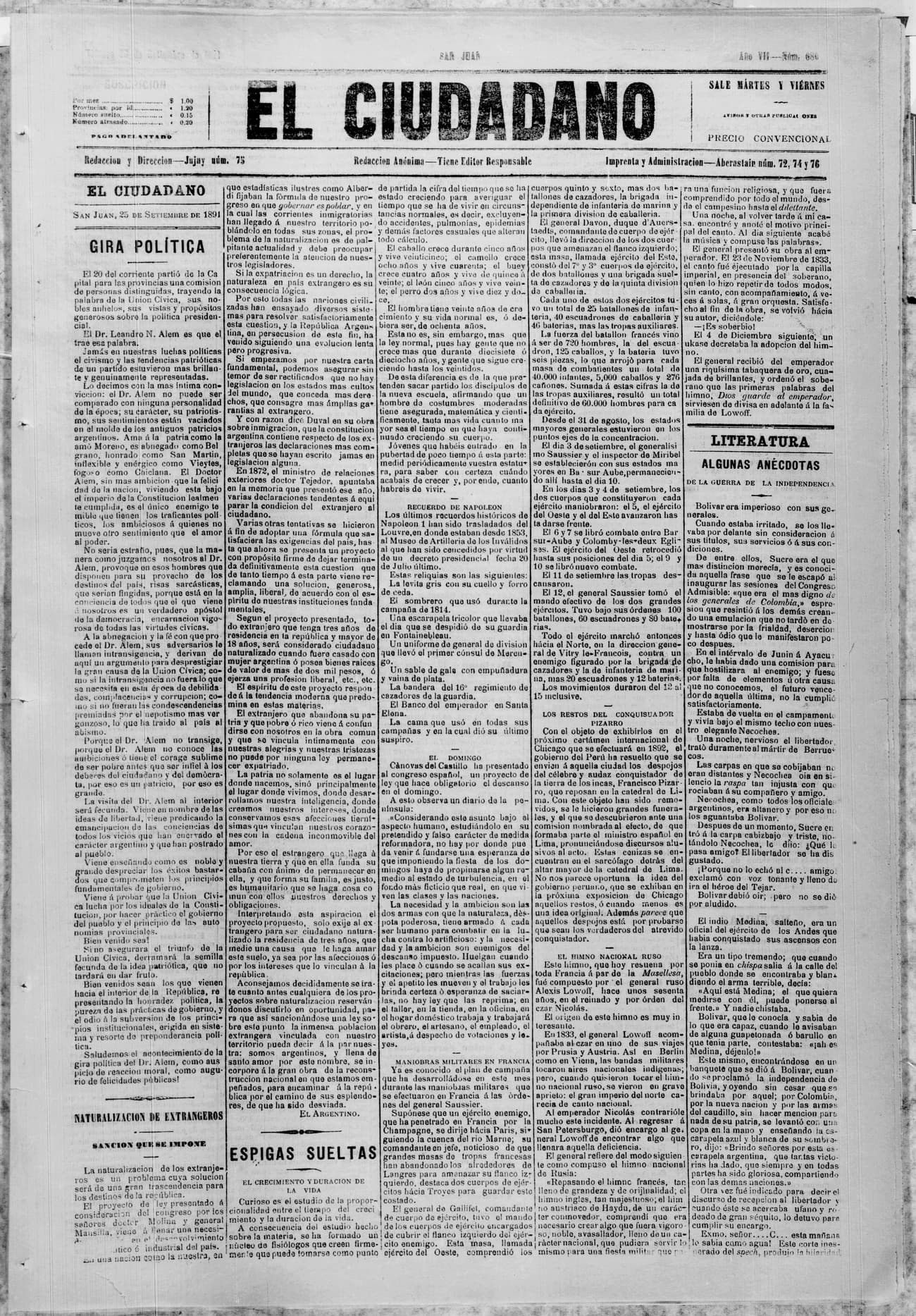 Portada · 25 de Septiembre de 1891