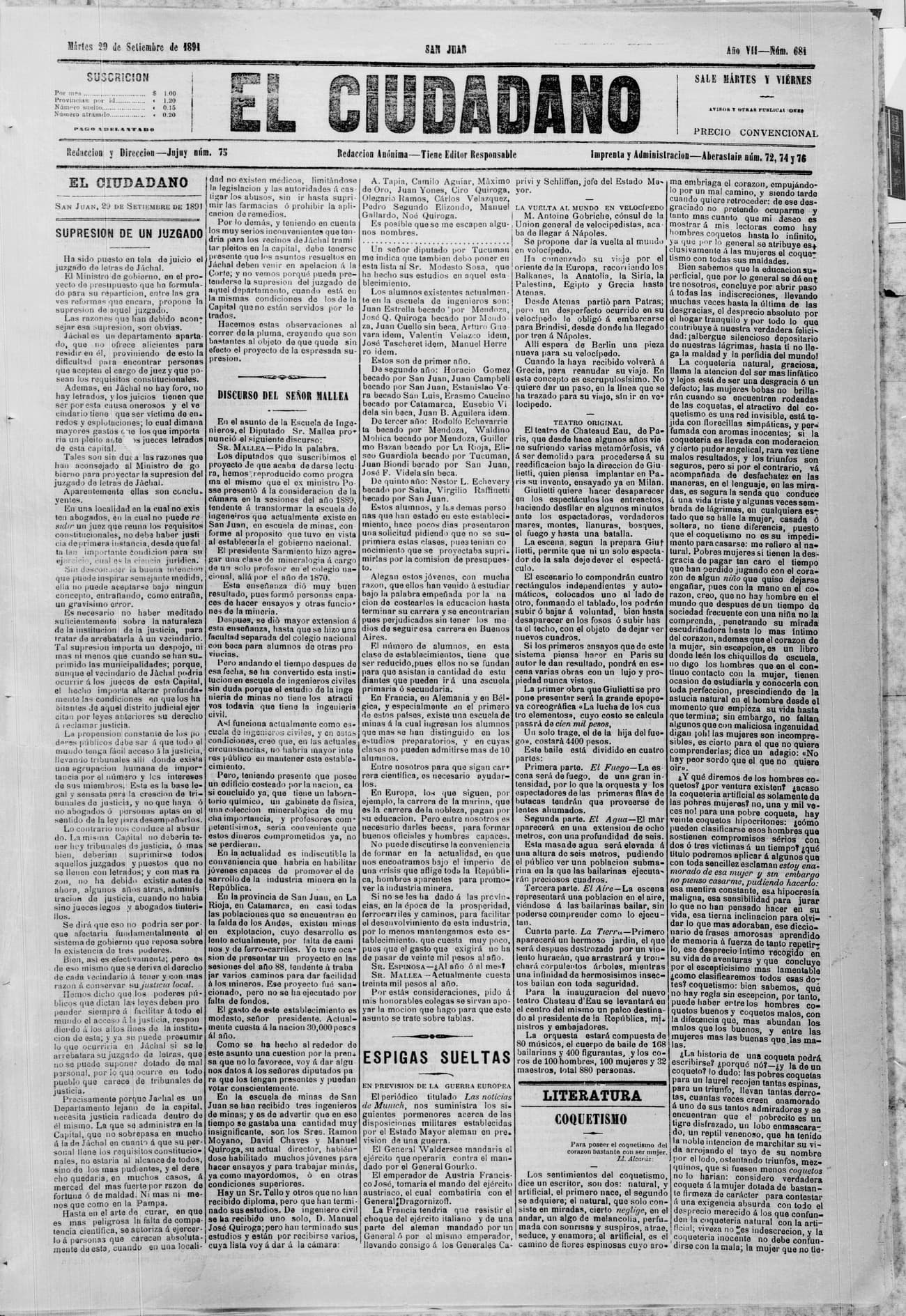 Portada · 29 de Septiembre de 1891
