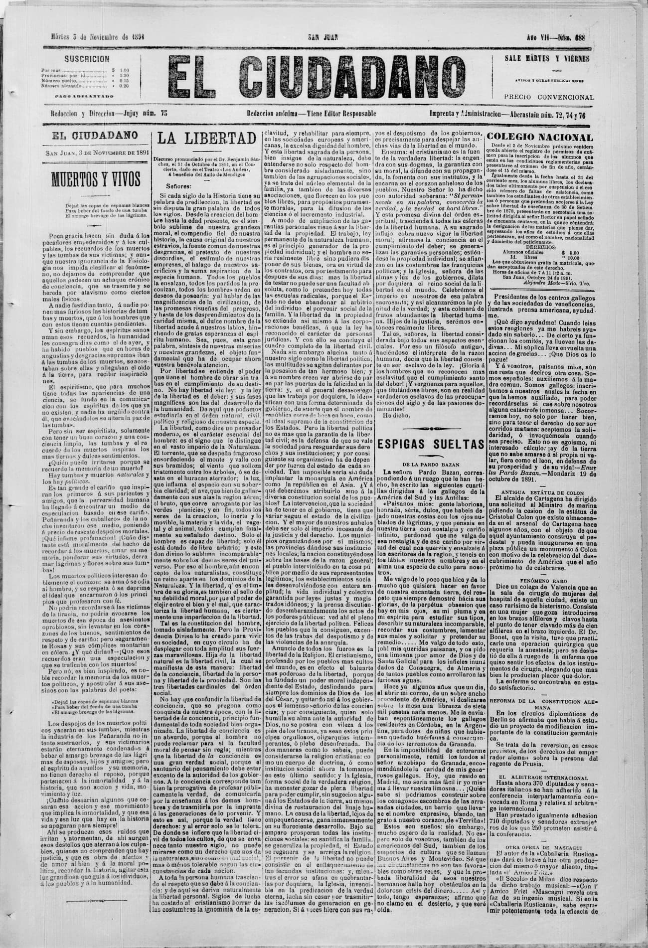 Portada · 3 de Noviembre de 1891