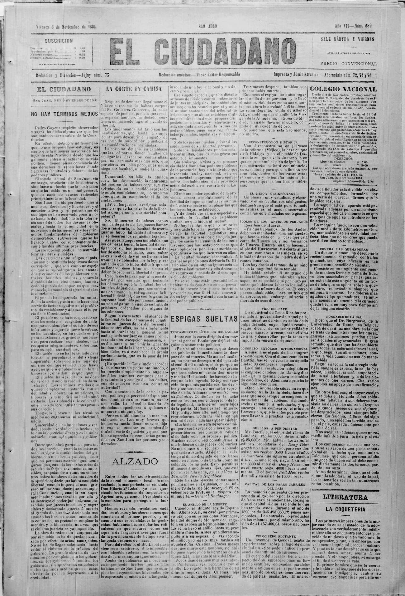 Portada · 6 de Noviembre de 1891