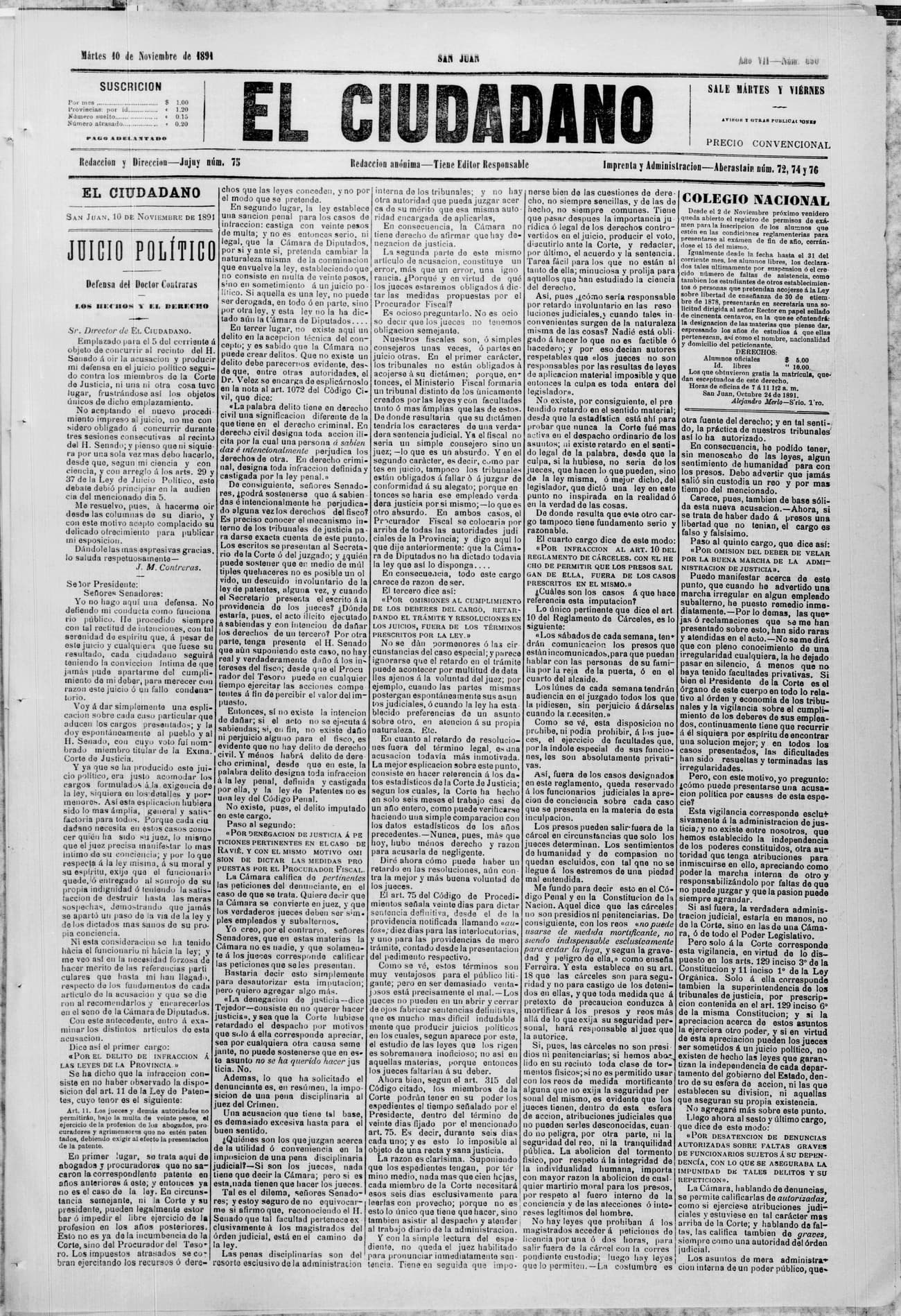 Portada · 10 de Noviembre de 1891