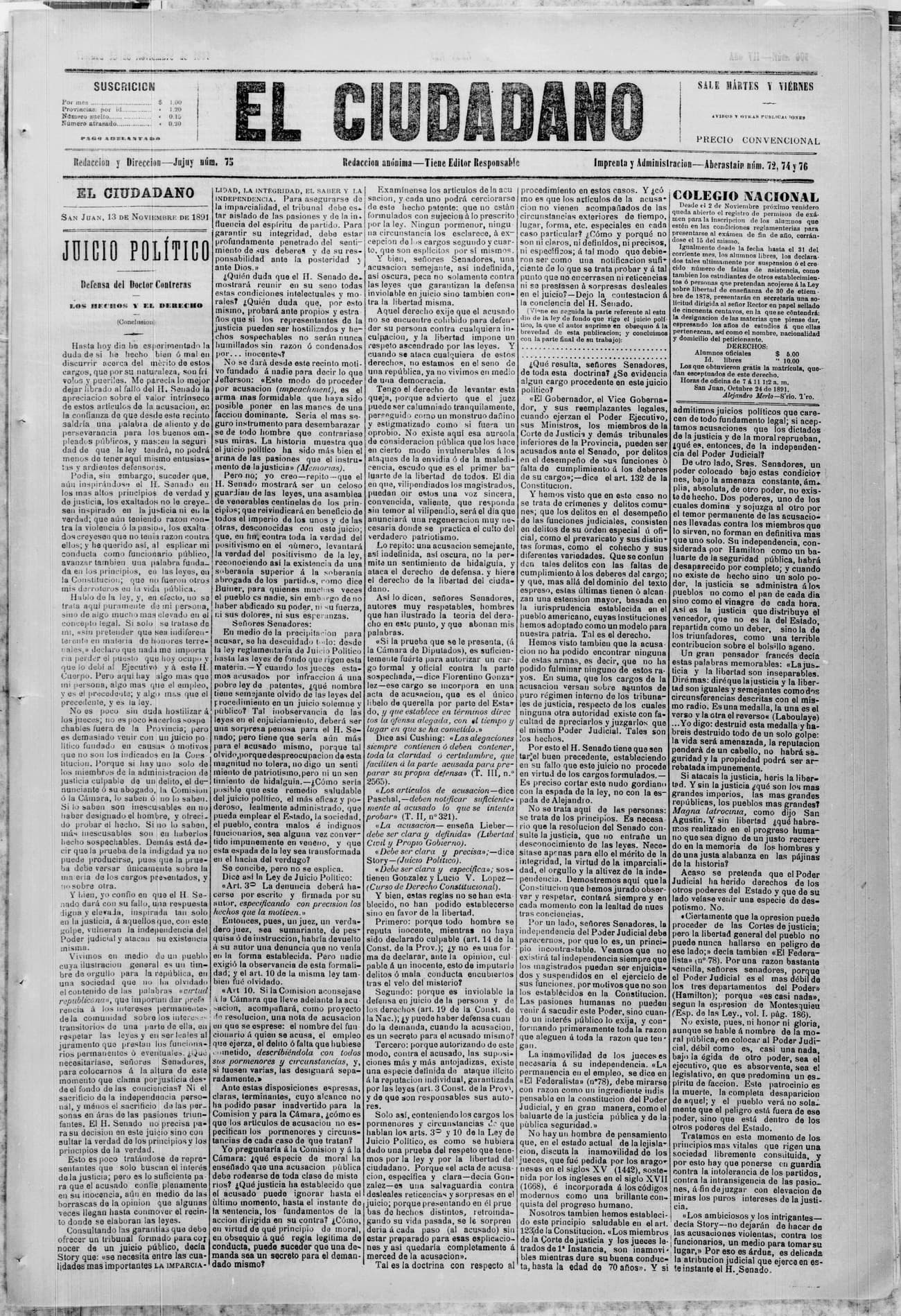 Portada · 13 de Noviembre de 1891