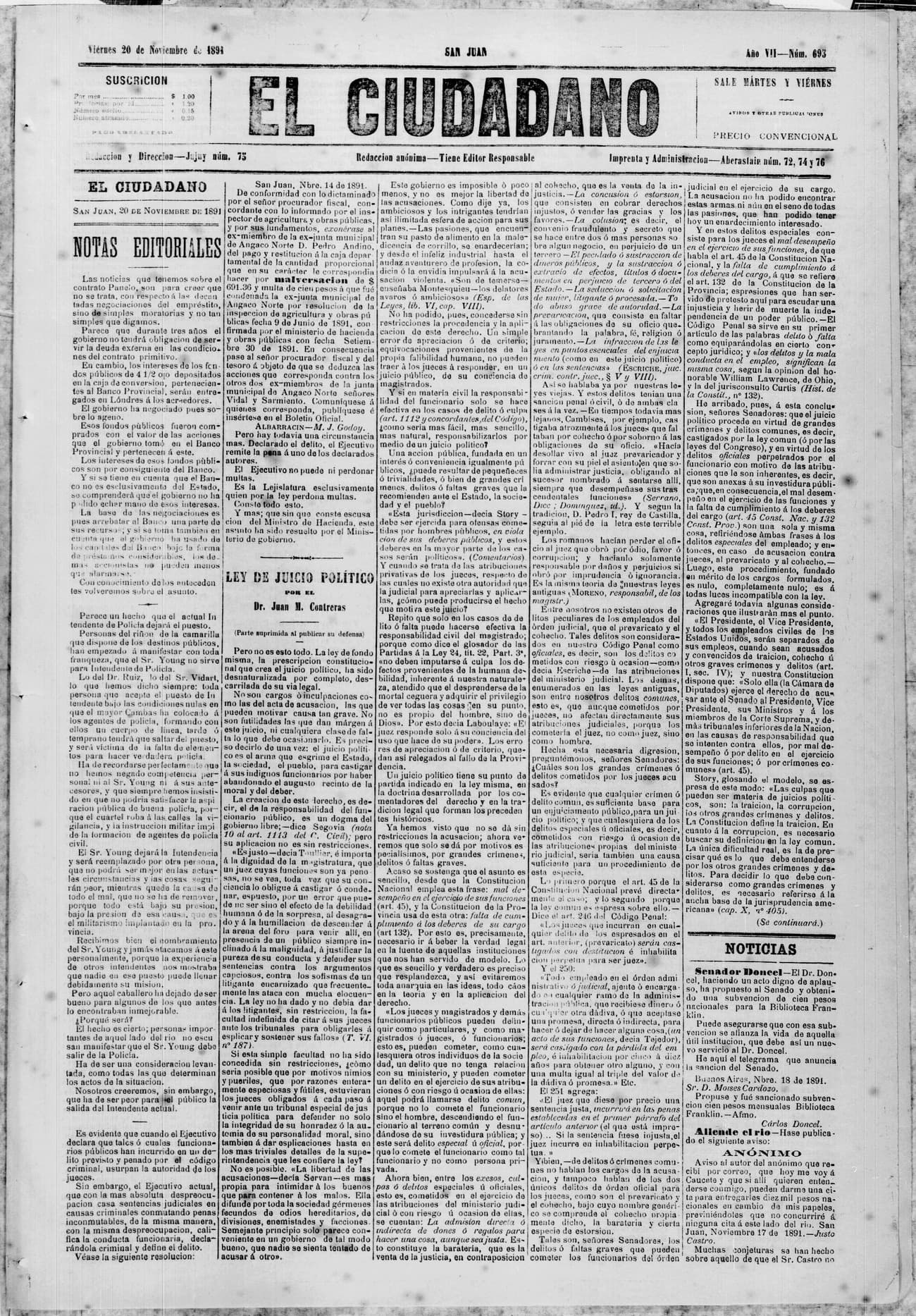 Portada · 20 de Noviembre de 1891