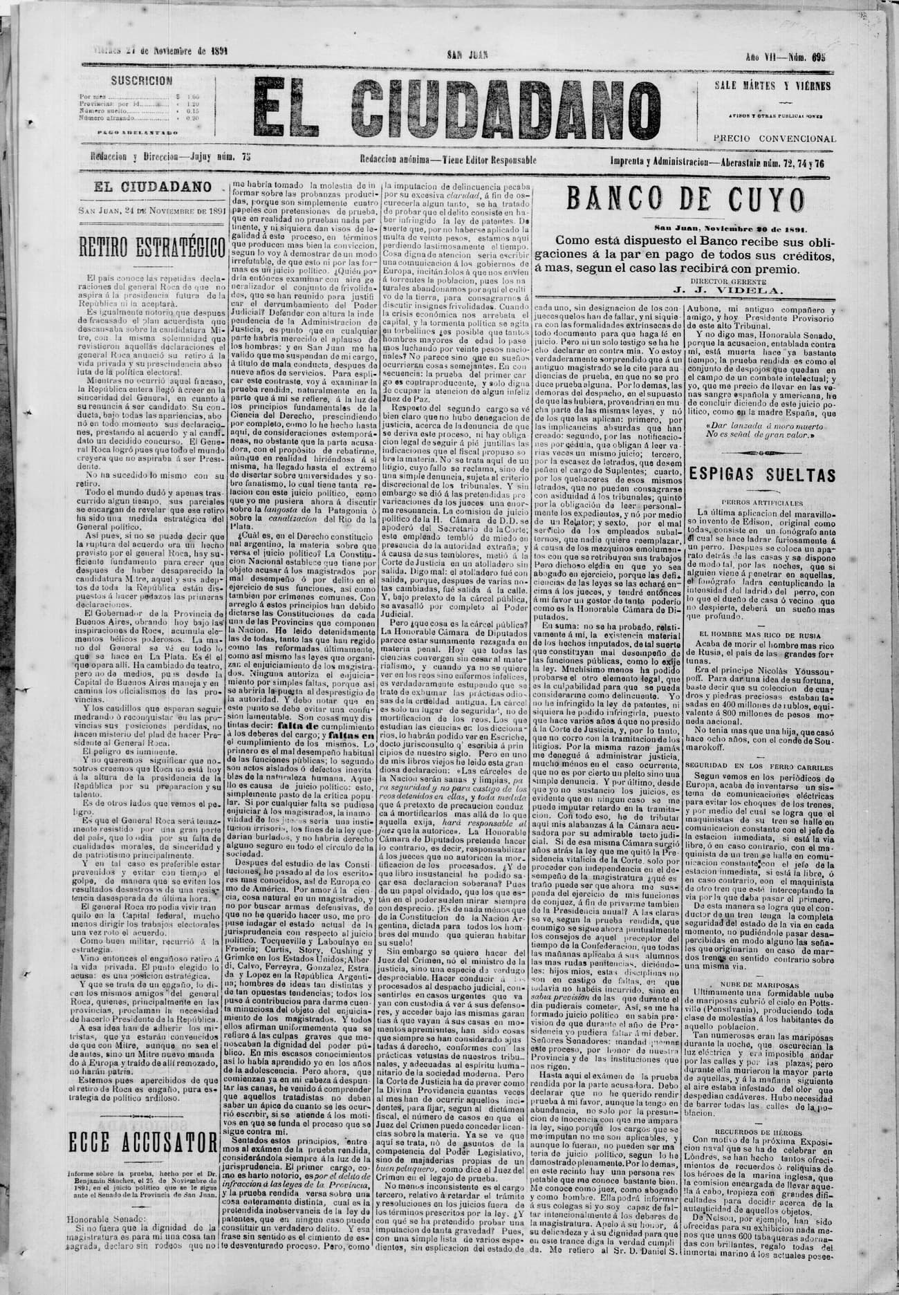 Portada · 27 de Noviembre de 1891