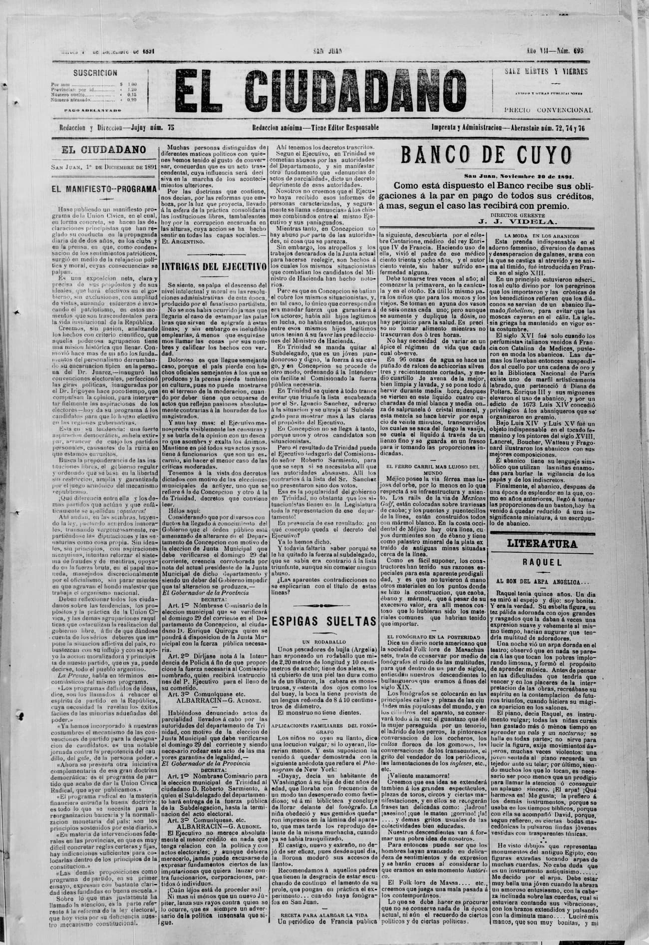 Portada · 1 de Diciembre de 1891
