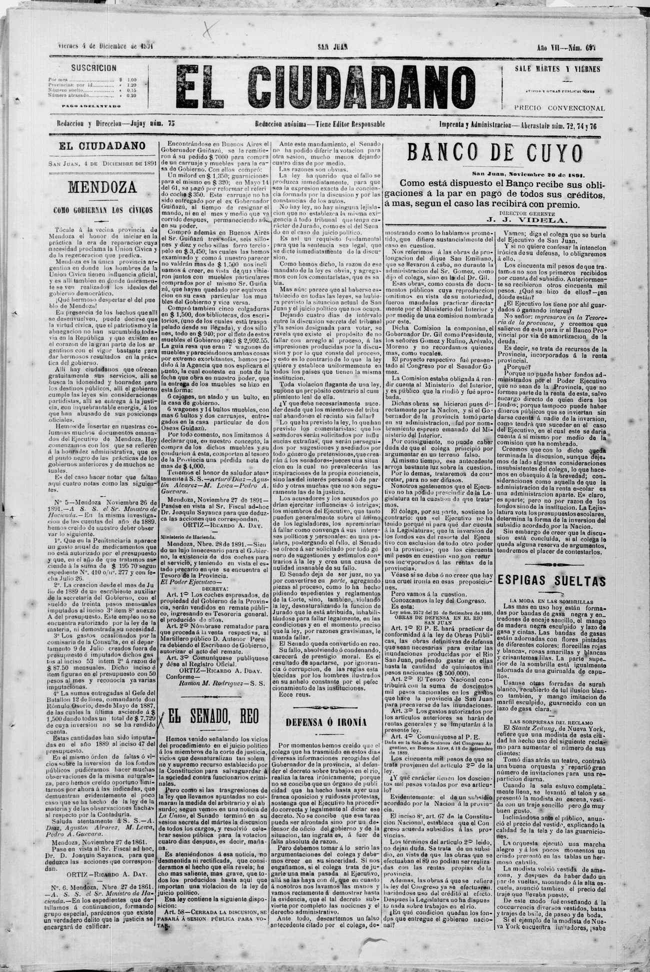 Portada · 4 de Diciembre de 1891