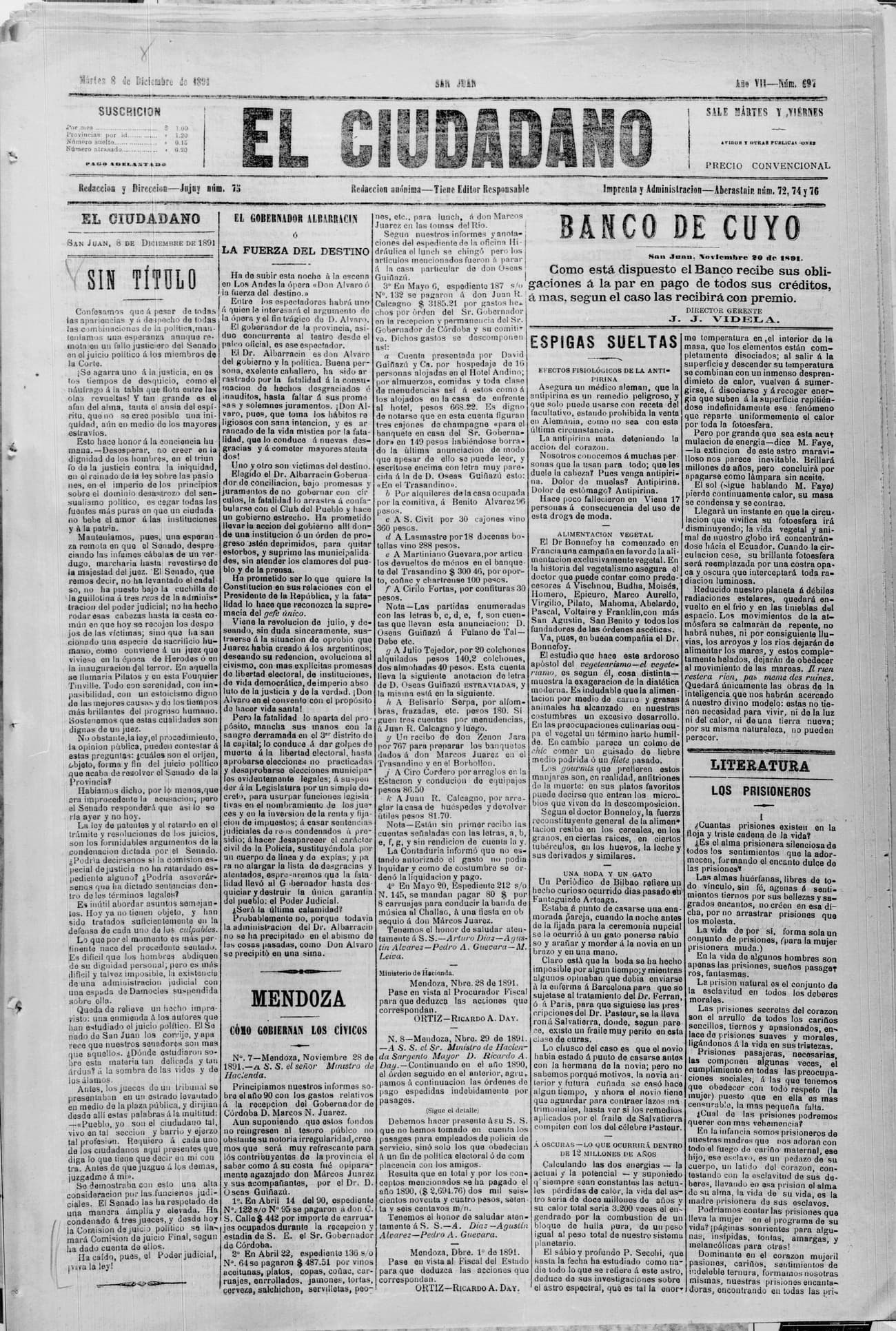 Portada · 8 de Diciembre de 1891