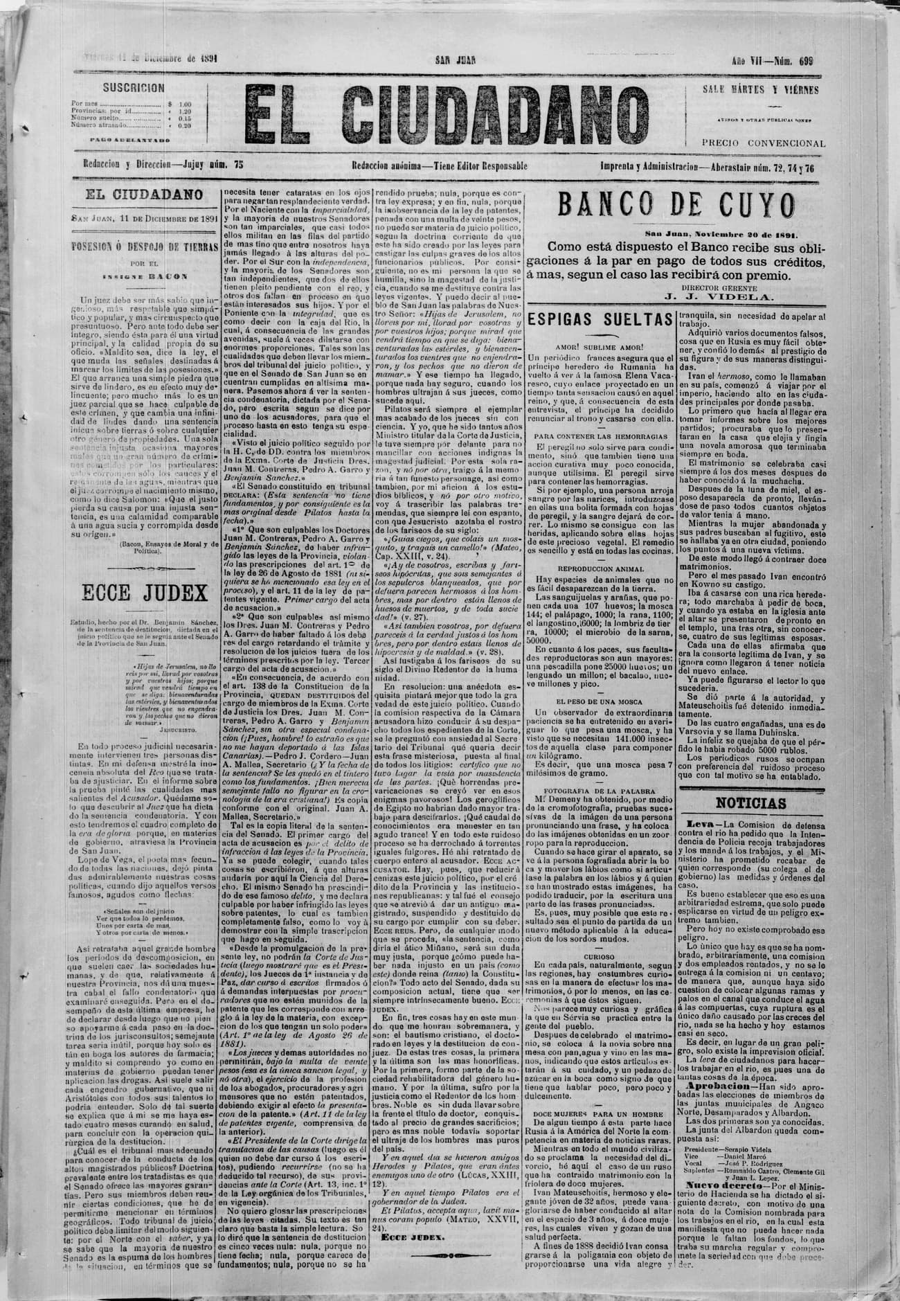 Portada · 11 de Diciembre de 1891