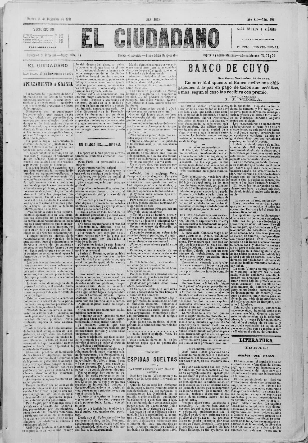 Portada · 15 de Diciembre de 1891