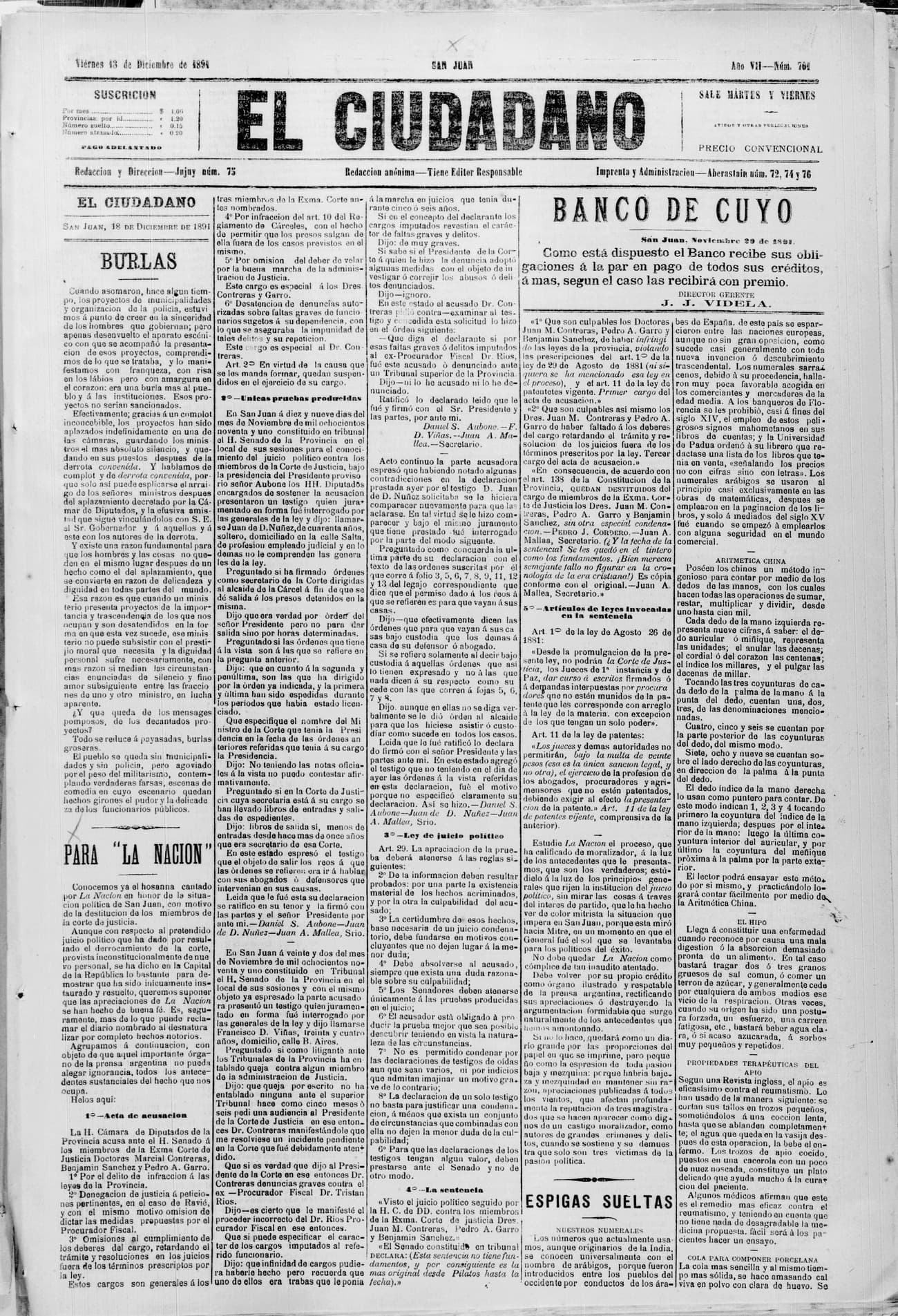 Portada · 18 de Diciembre de 1891