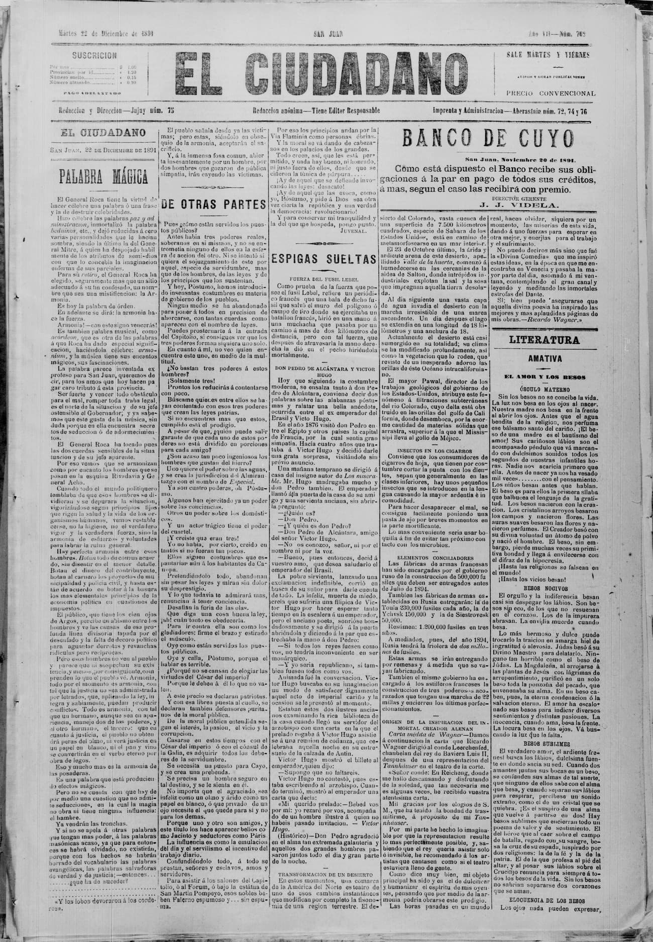 Portada · 22 de Diciembre de 1891