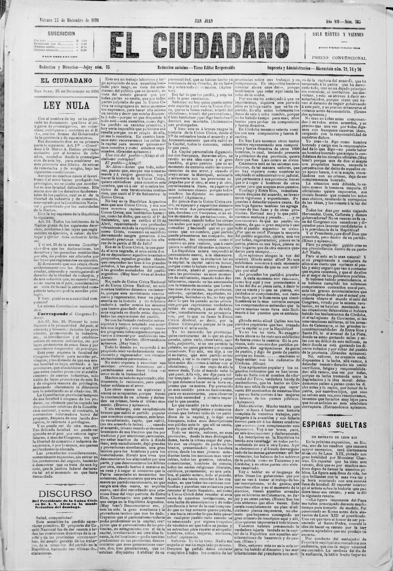 Portada · 25 de Diciembre de 1891