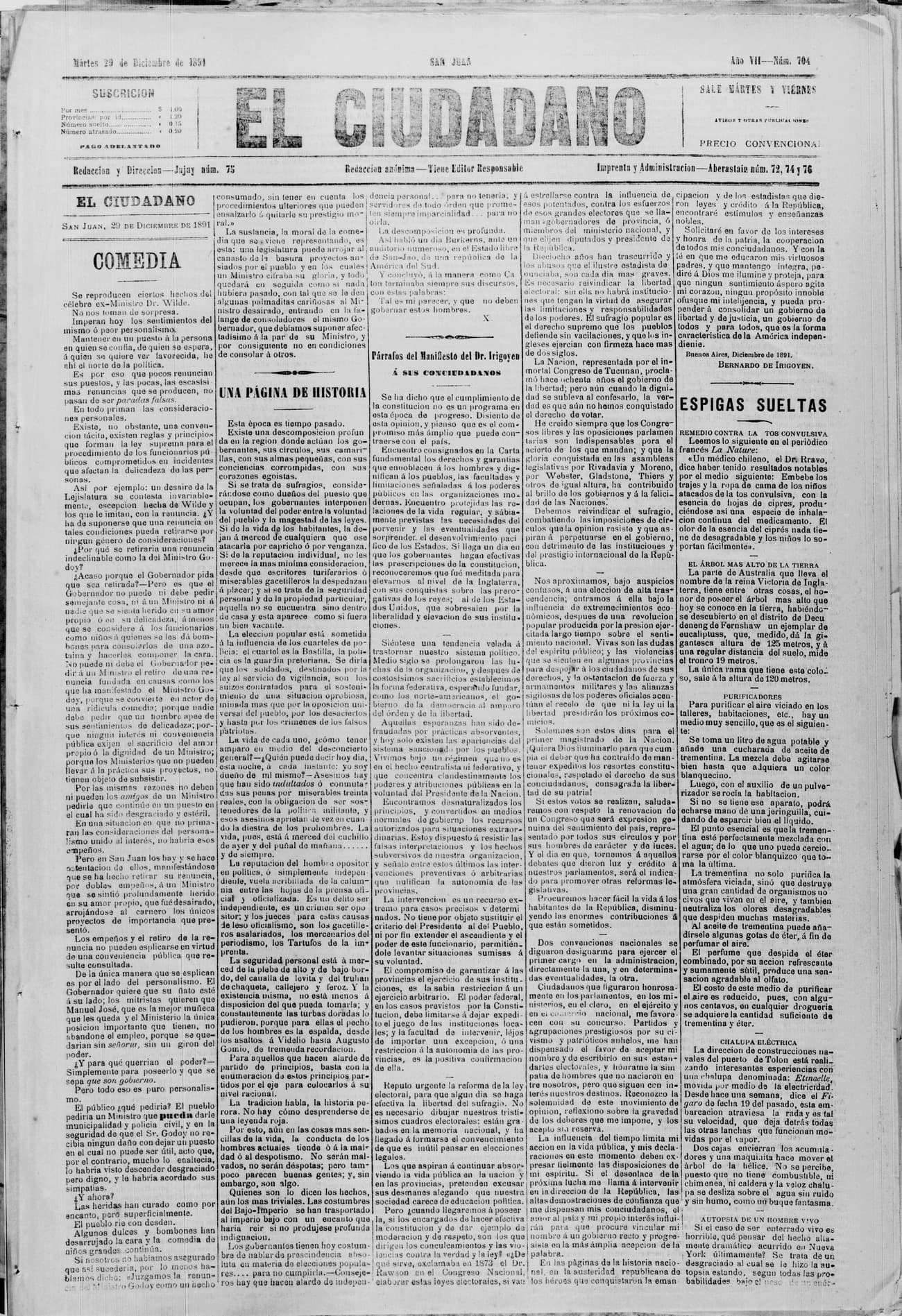 Portada · 29 de Diciembre de 1891