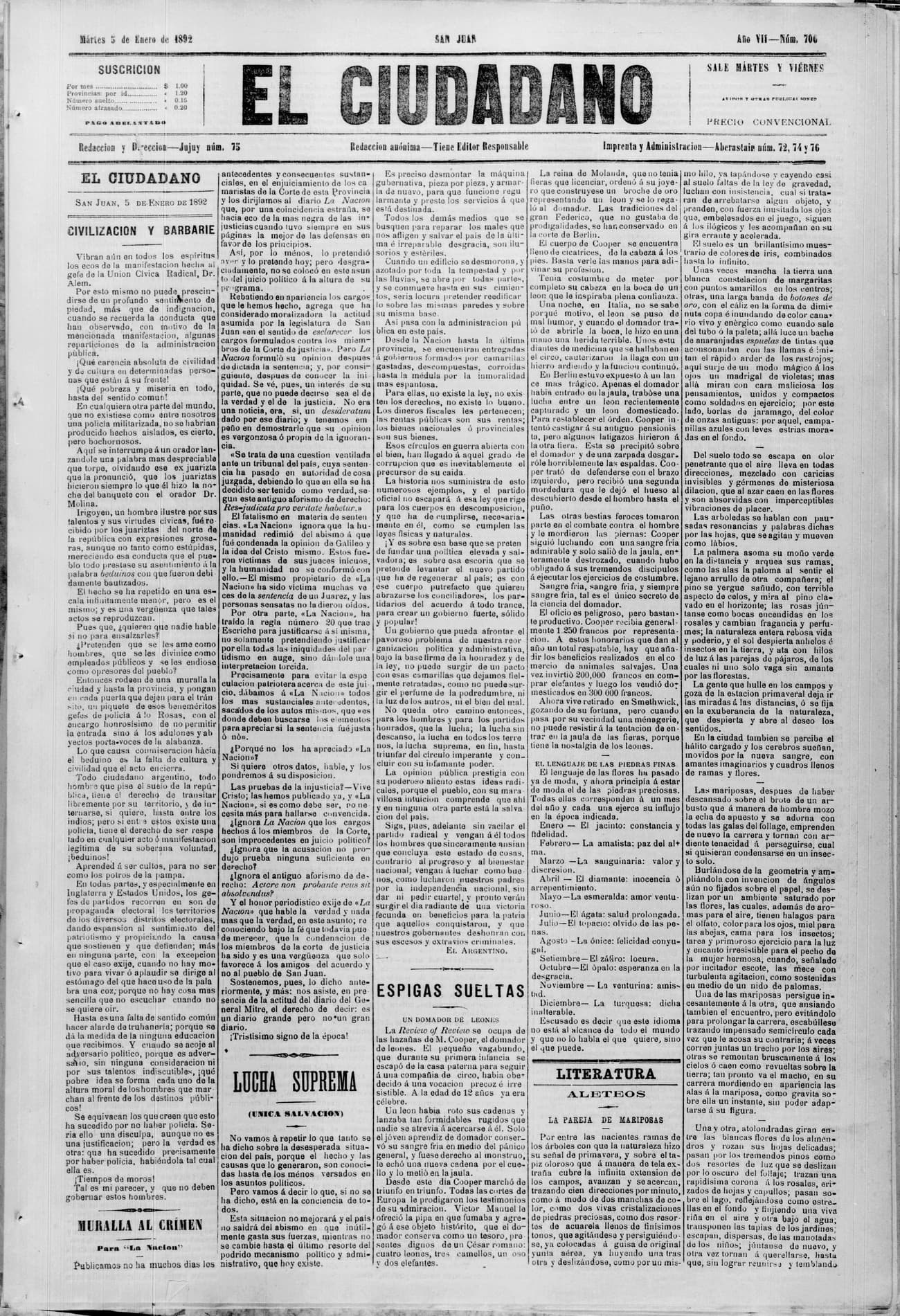 Portada · 5 de Enero de 1892