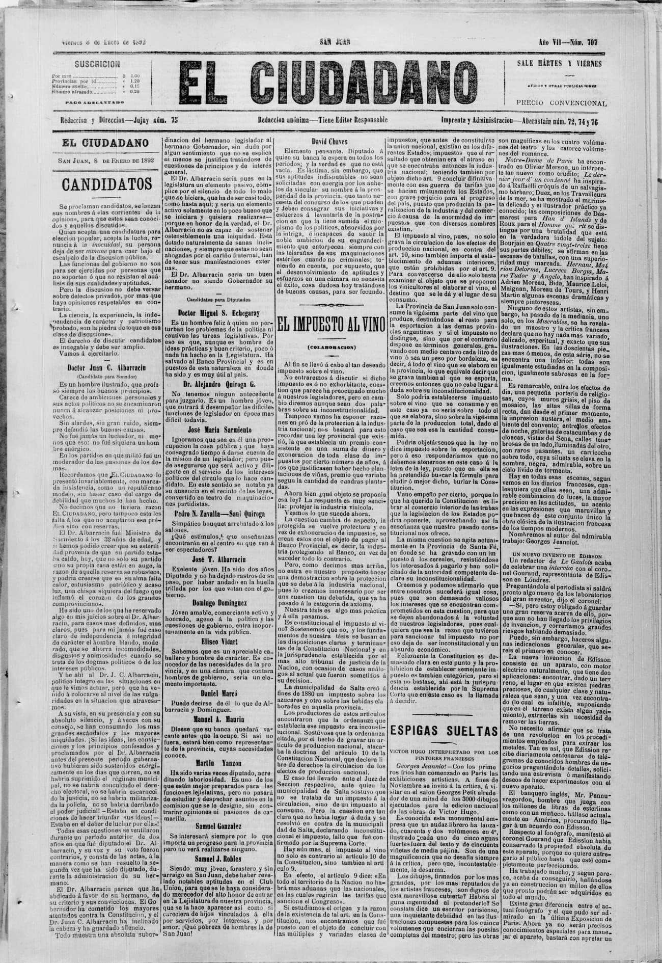 Portada · 8 de Enero de 1892