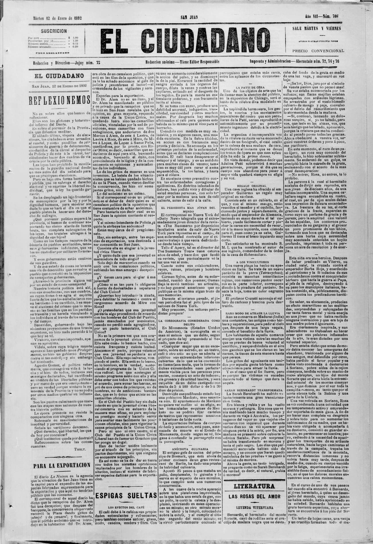 Portada · 12 de Enero de 1892