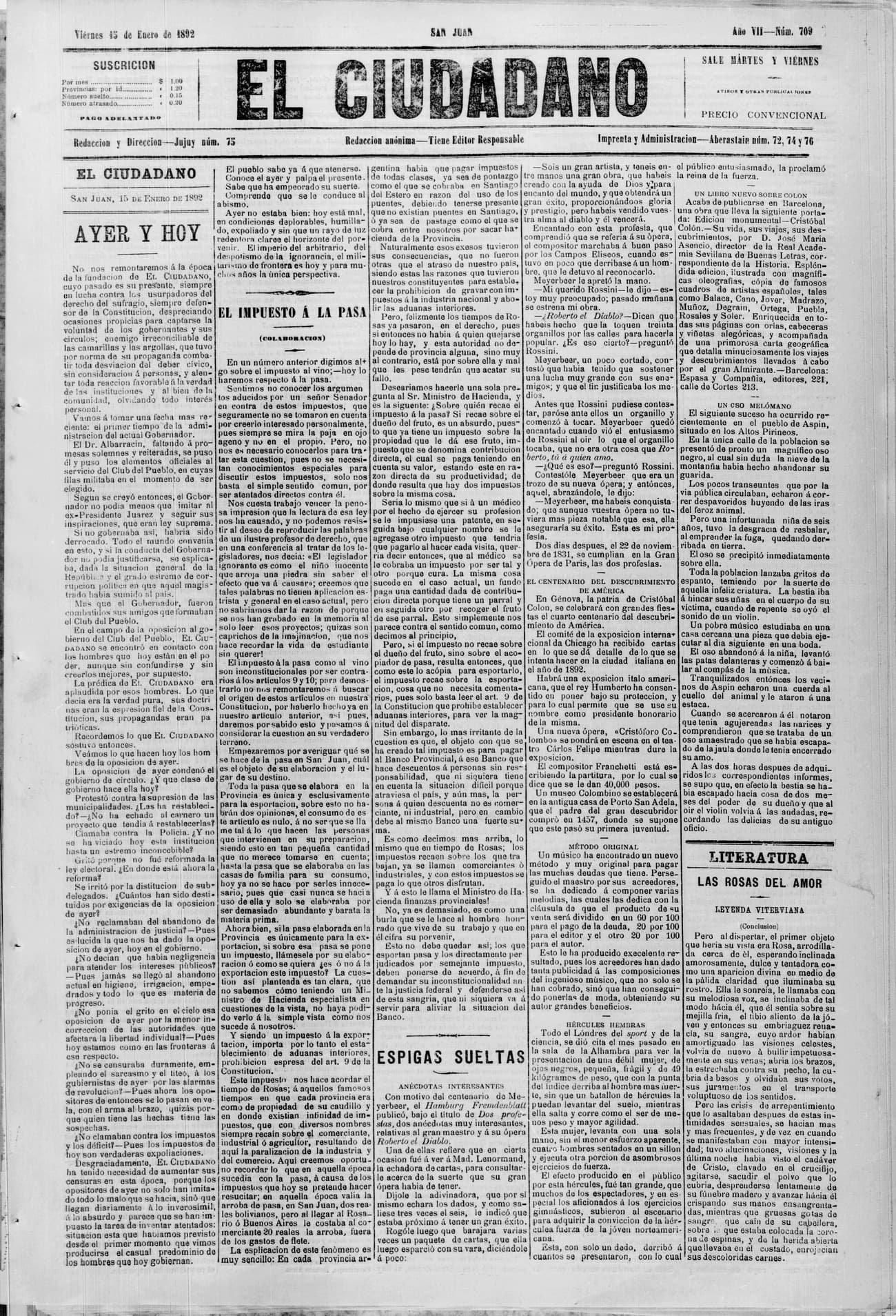 Portada · 15 de Enero de 1892