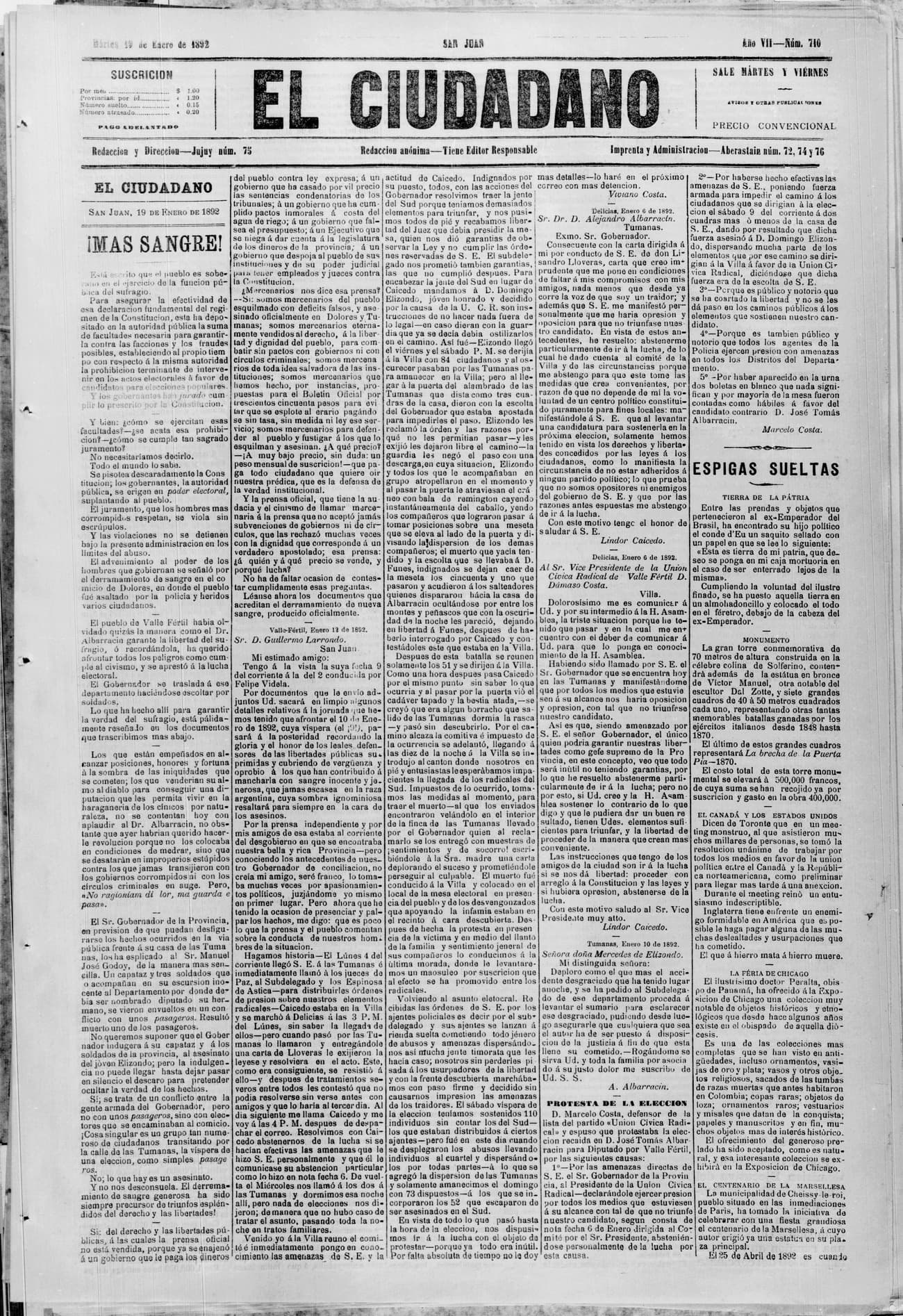 Portada · 19 de Enero de 1892