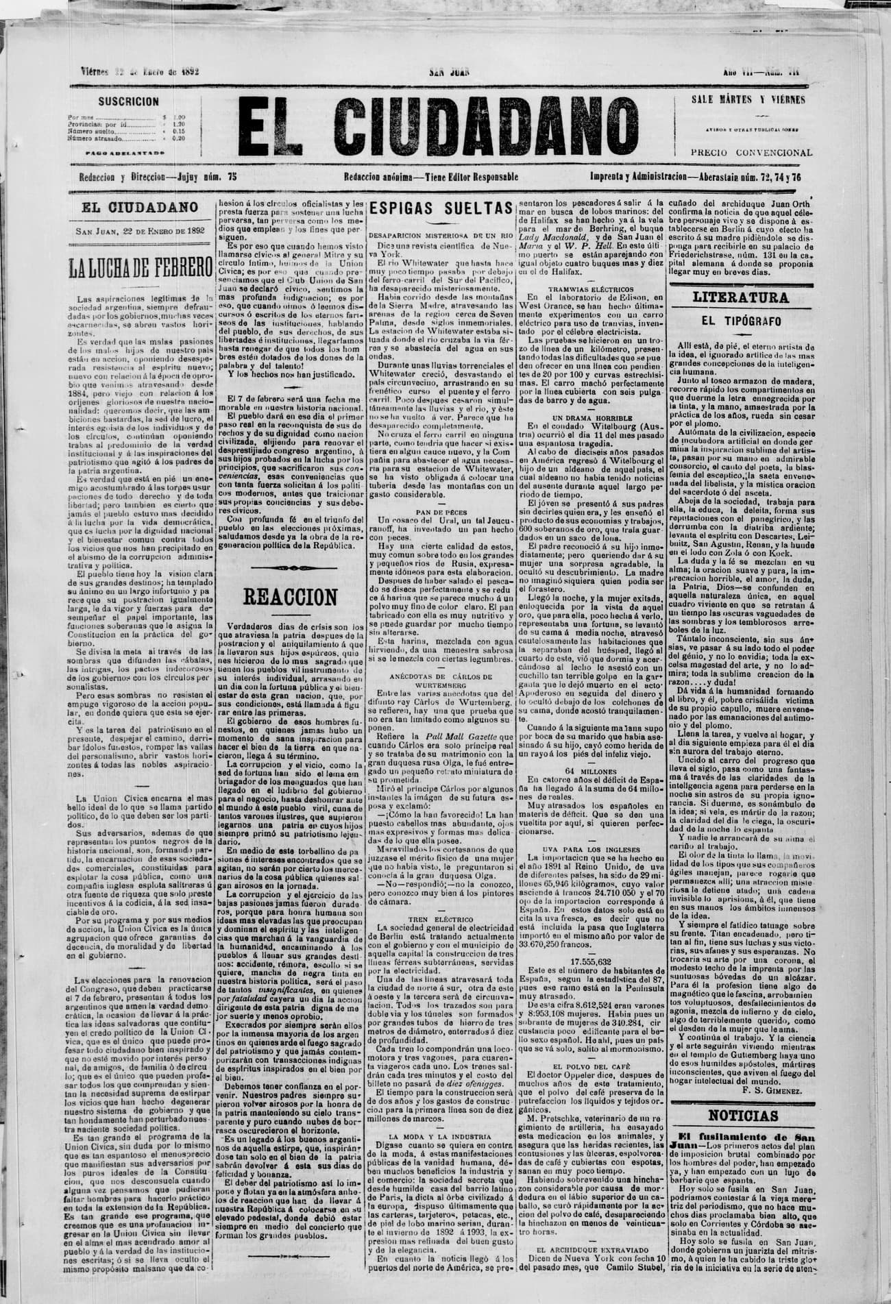 Portada · 22 de Enero de 1892