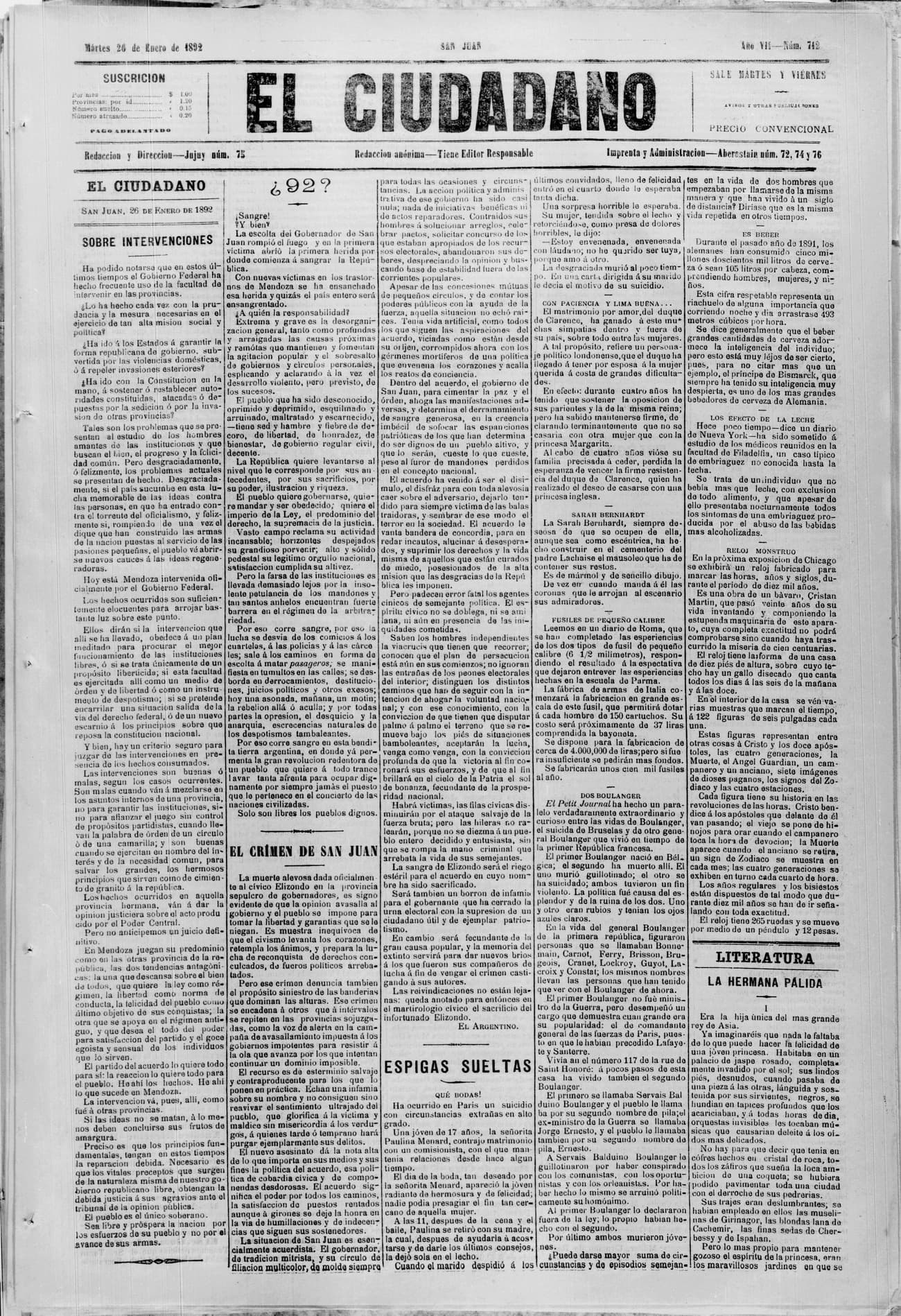 Portada · 26 de Enero de 1892