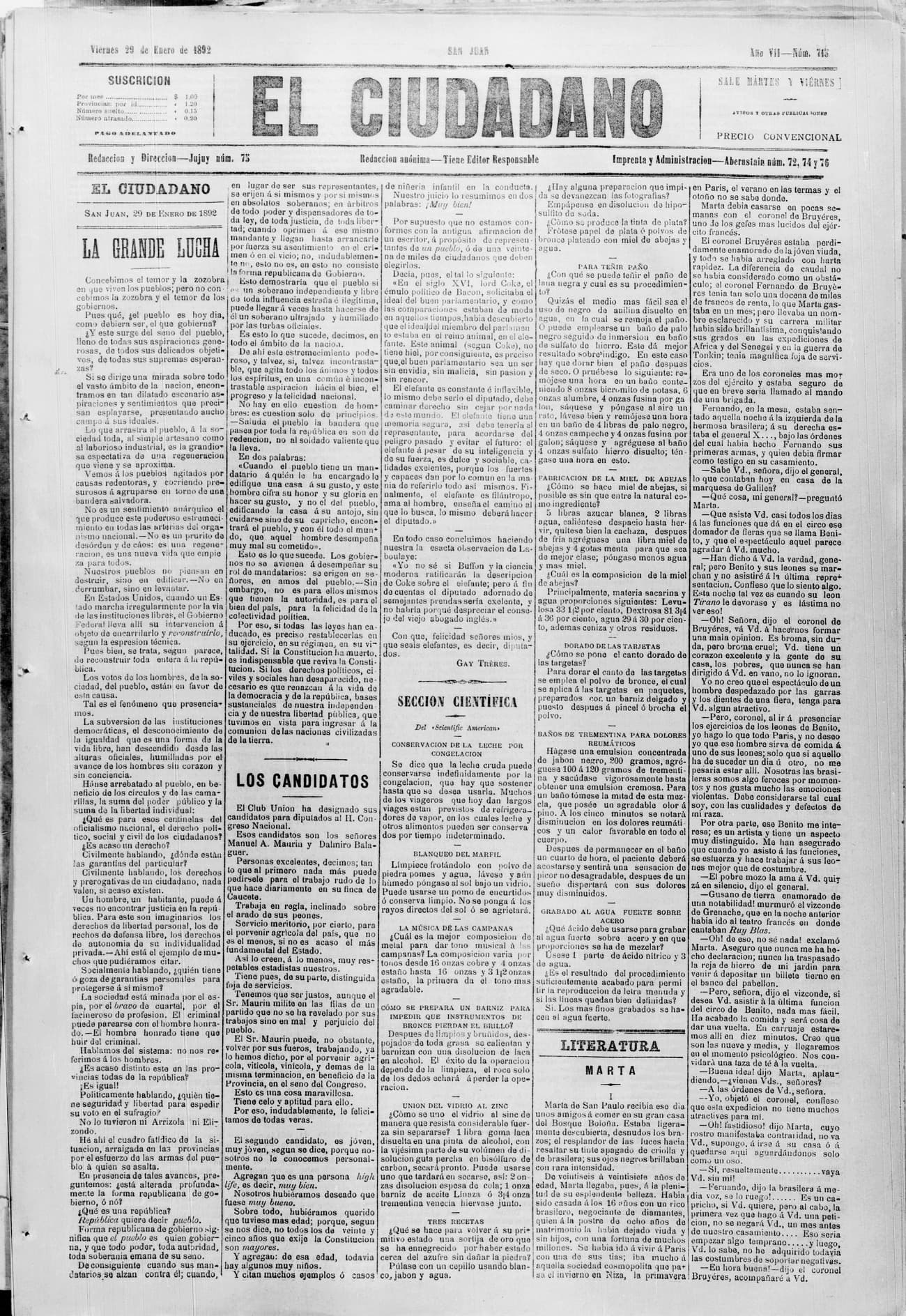 Portada · 29 de Enero de 1892