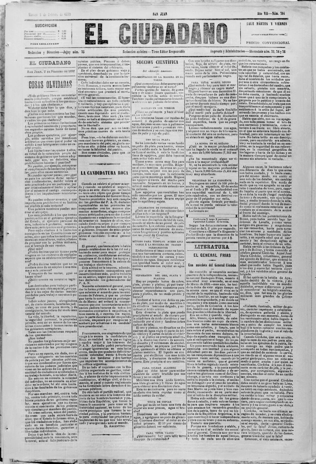 Portada · 2 de Febrero de 1892