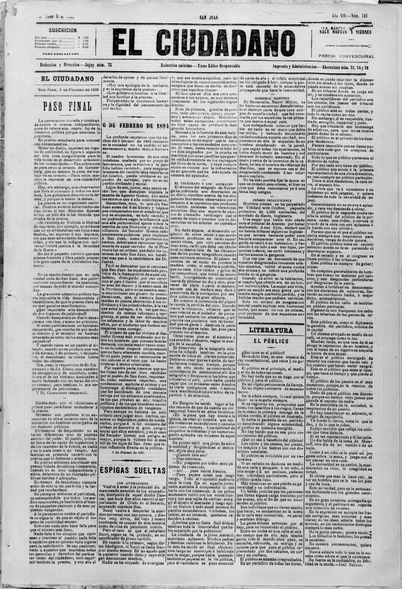 Portada · 5 de Febrero de 1892