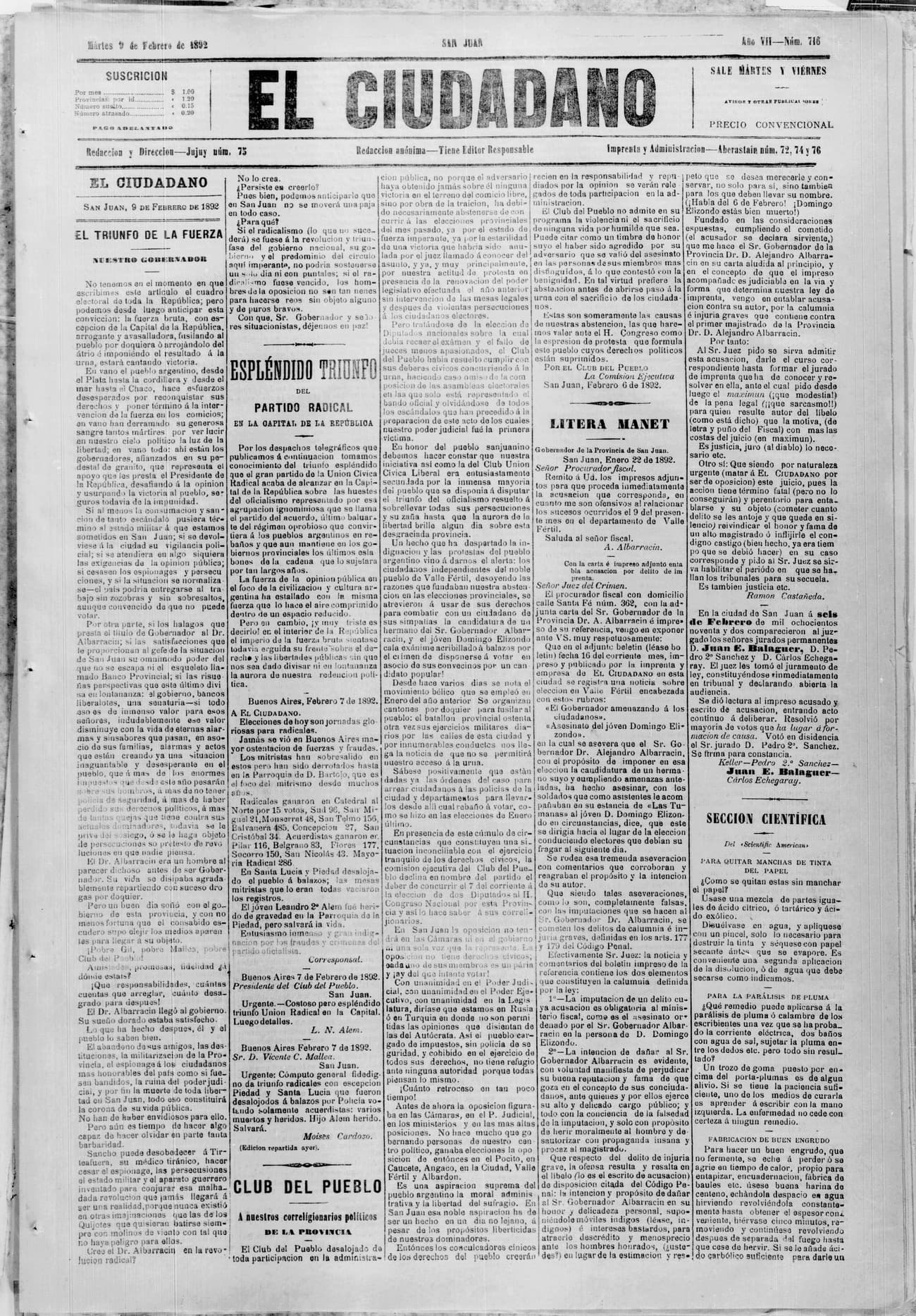 Portada · 9 de Febrero de 1892