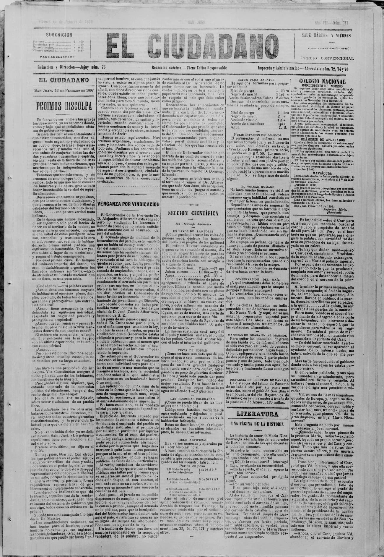 Portada · 12 de Febrero de 1892