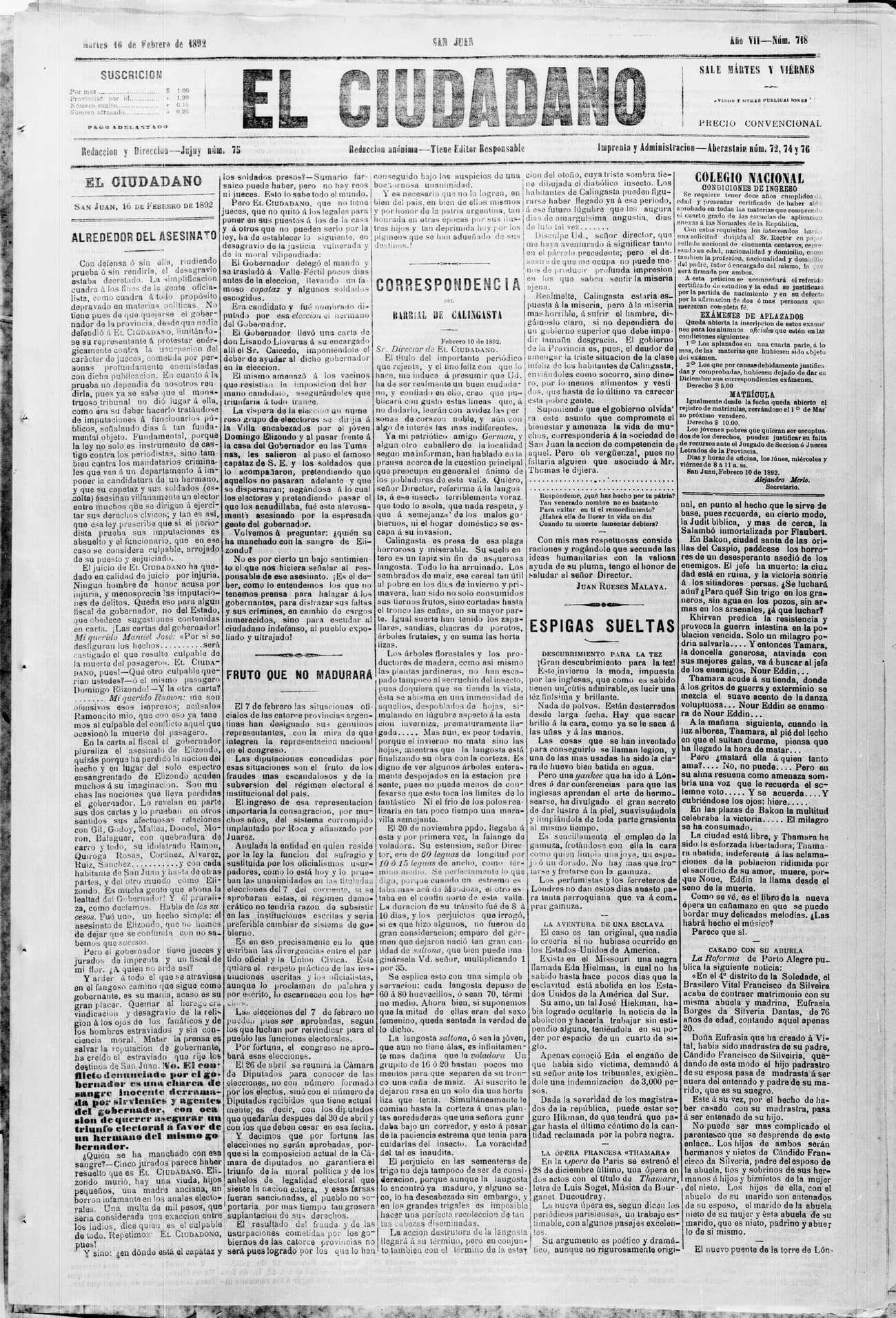 Portada · 16 de Febrero de 1892