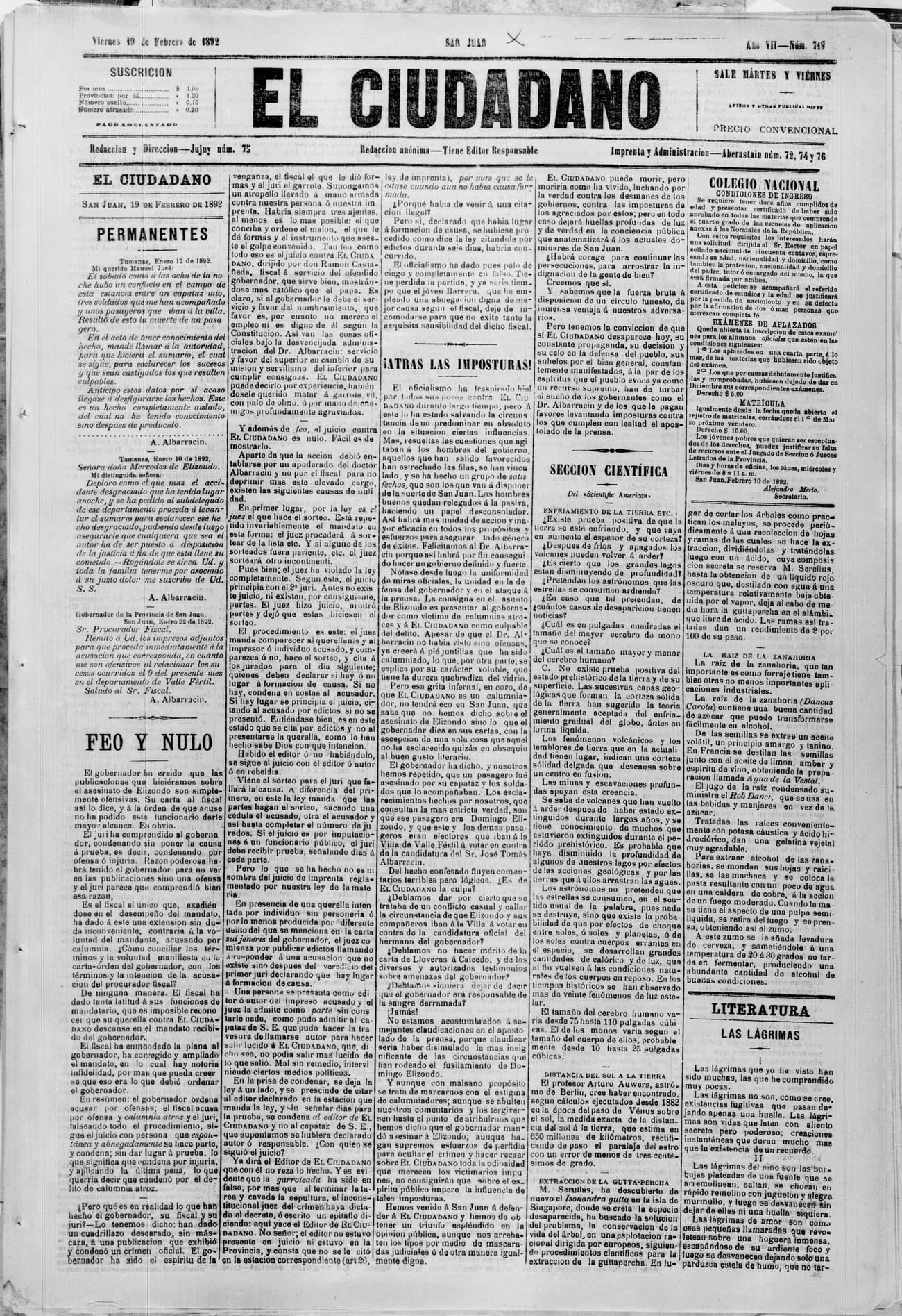 Portada · 19 de Febrero de 1892