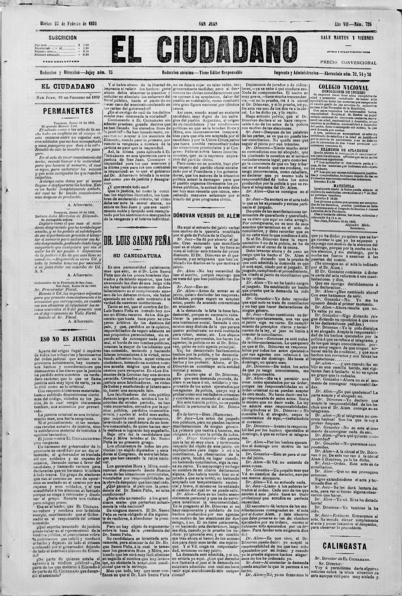 Portada · 23 de Febrero de 1892