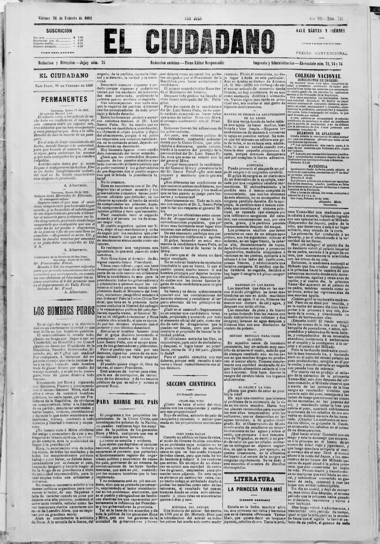 Portada · 26 de Febrero de 1892