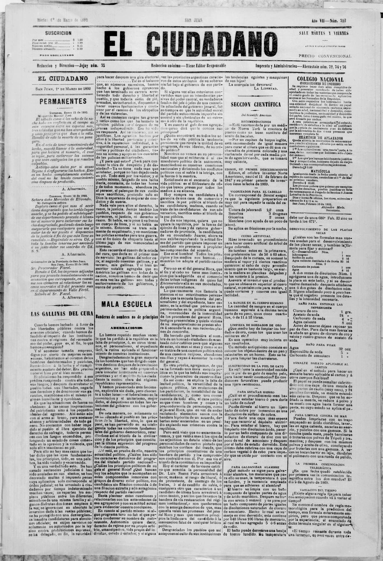 Portada · 1 de Marzo de 1892