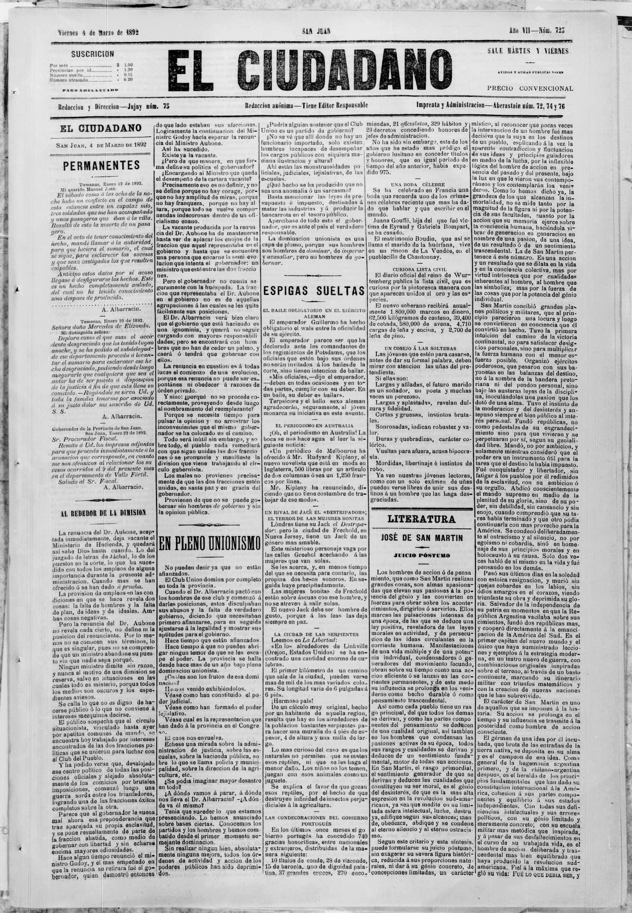 Portada · 4 de Marzo de 1892