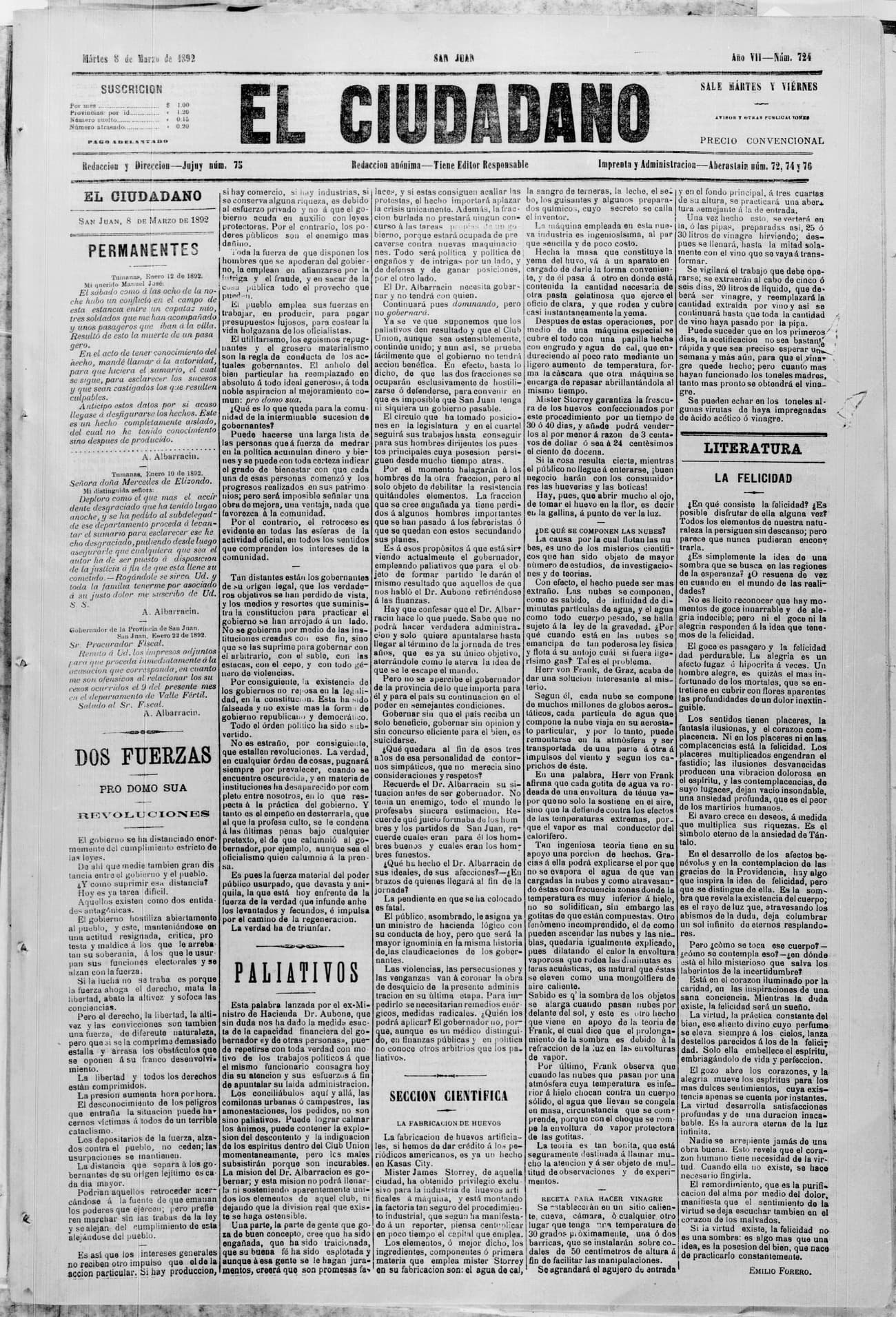 Portada · 8 de Marzo de 1892