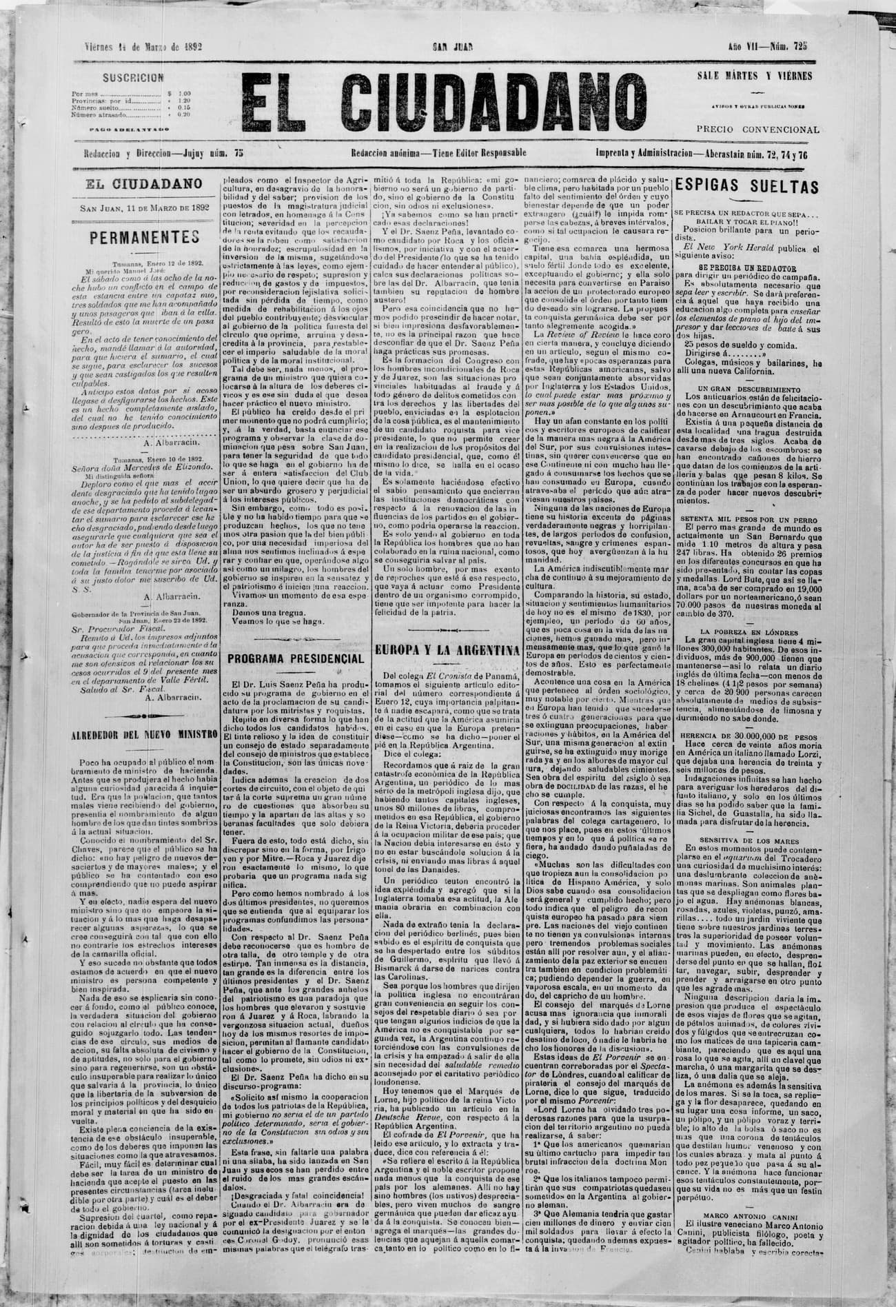 Portada · 11 de Marzo de 1892