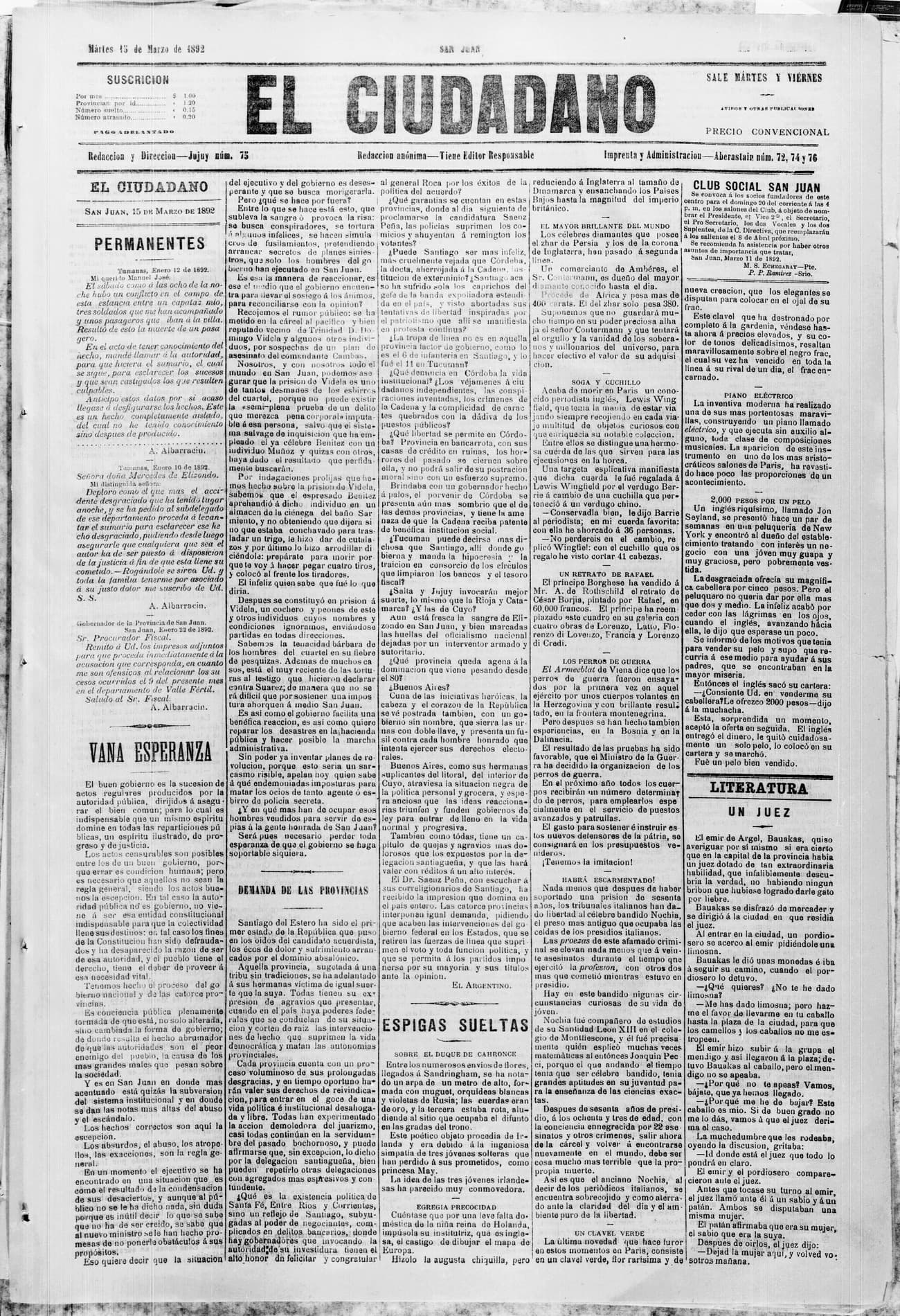 Portada · 15 de Marzo de 1892